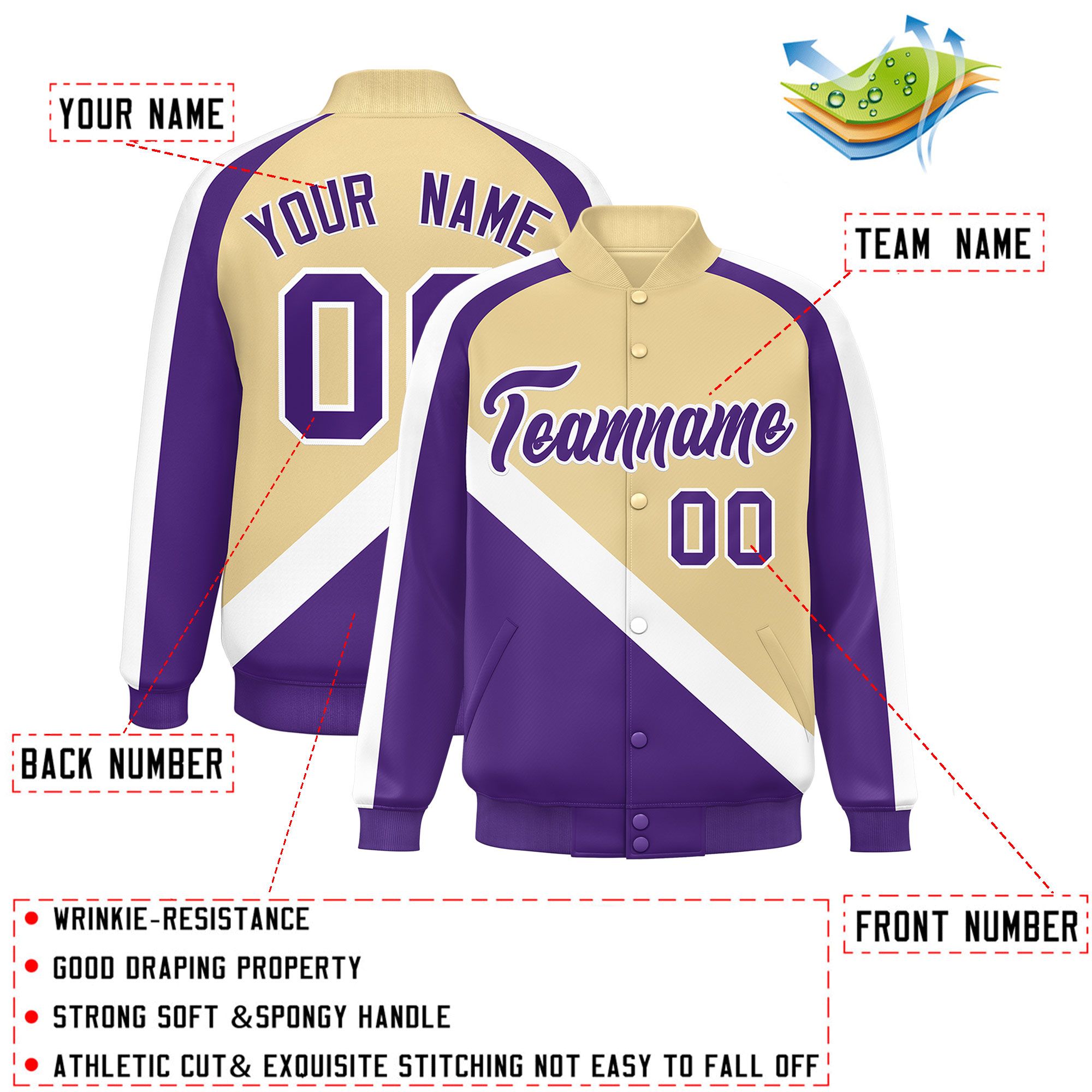 Custom Khaki Purple Raglan Sleeves Varsity Full-Snap Letterman Baseball Jacket