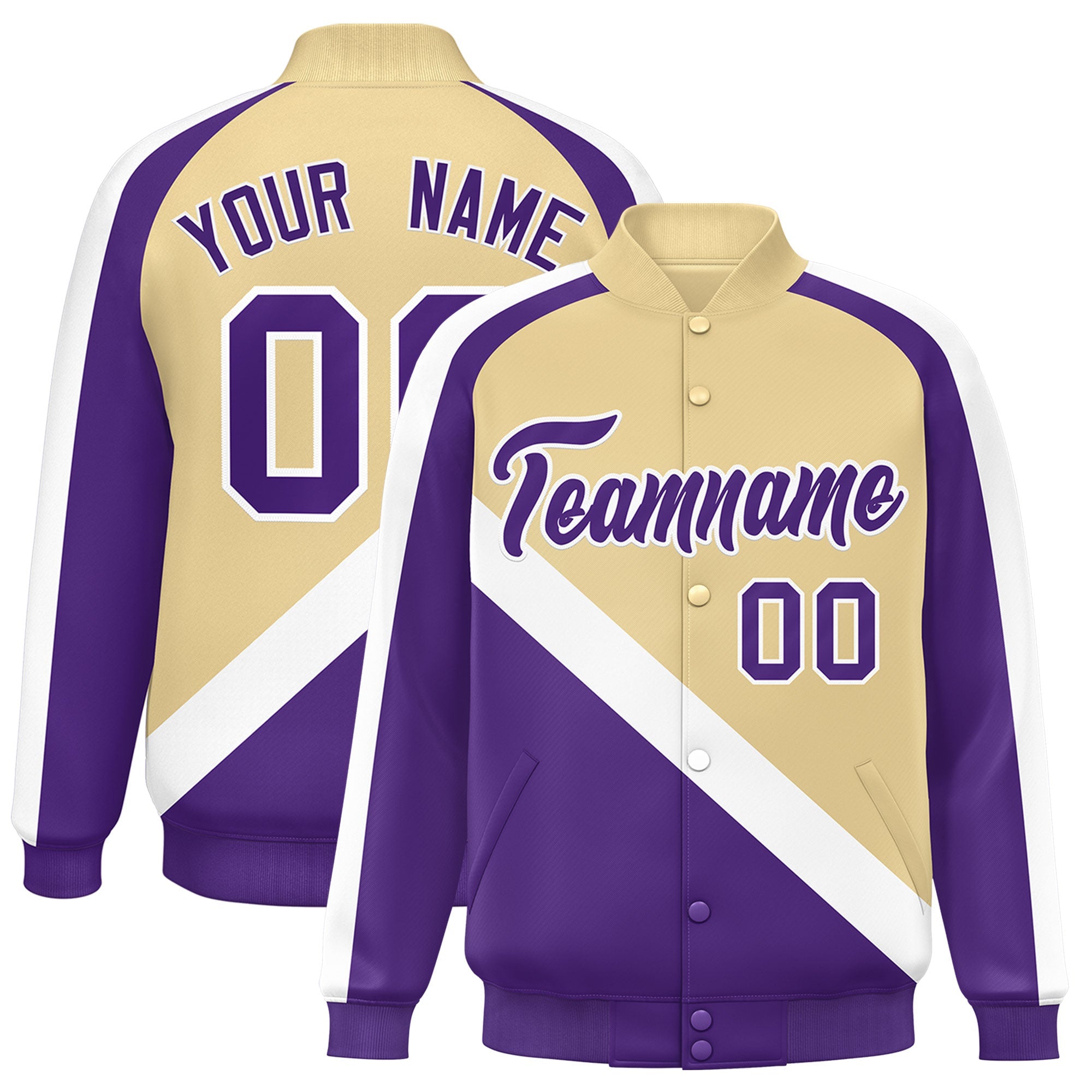 Custom Khaki Purple Raglan Sleeves Varsity Full-Snap Letterman Baseball Jacket