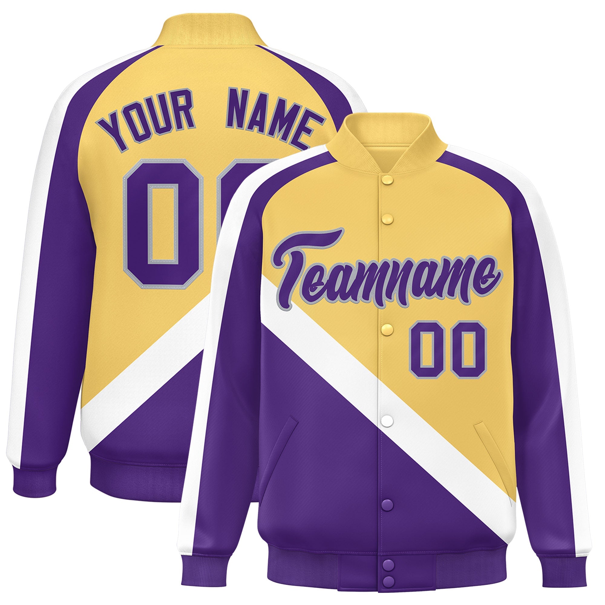 Custom Khaki Purple Raglan Sleeves Varsity Full-Snap Letterman Baseball Jacket