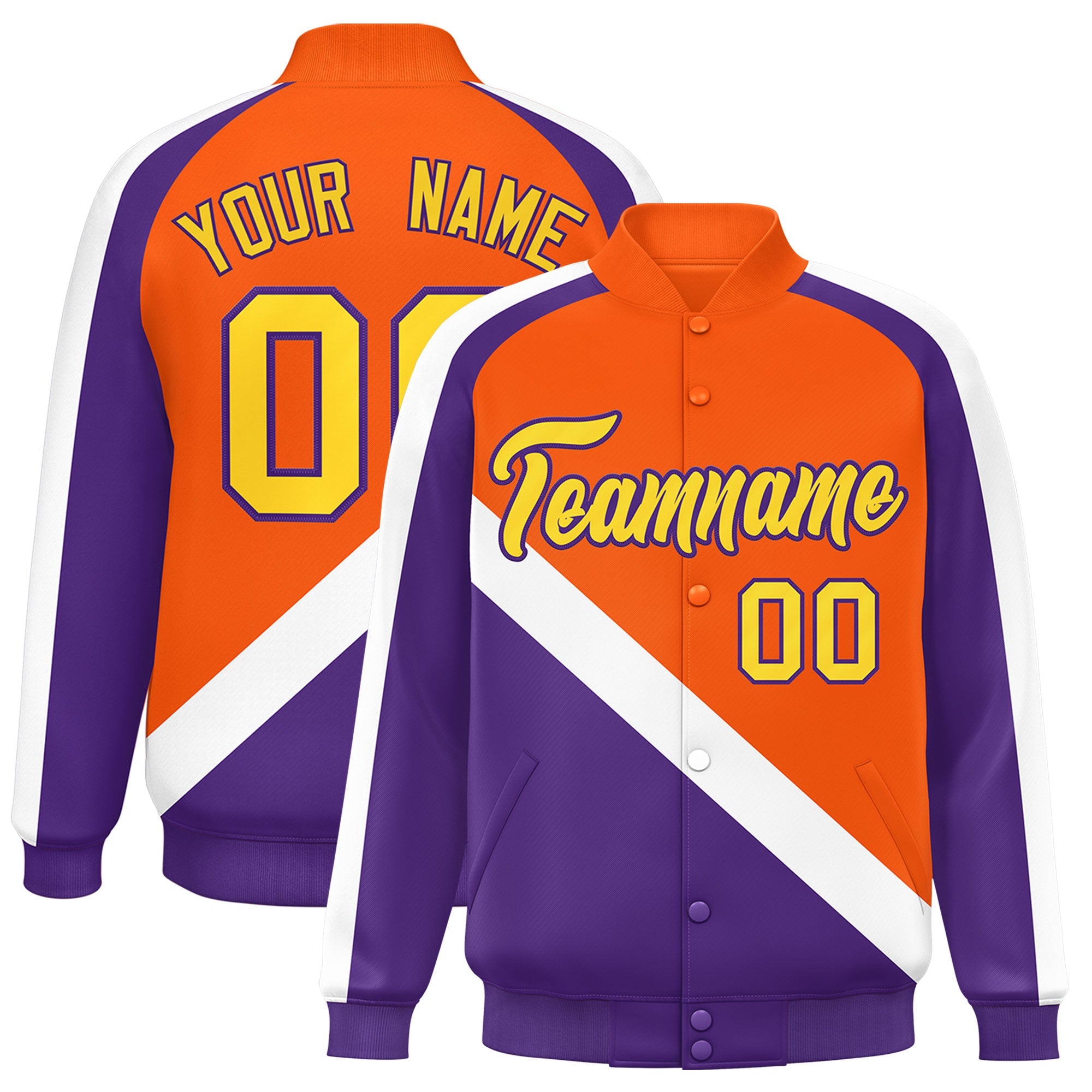 Custom Orange Purple Raglan Sleeves Varsity Full-Snap Letterman Baseball Jacket