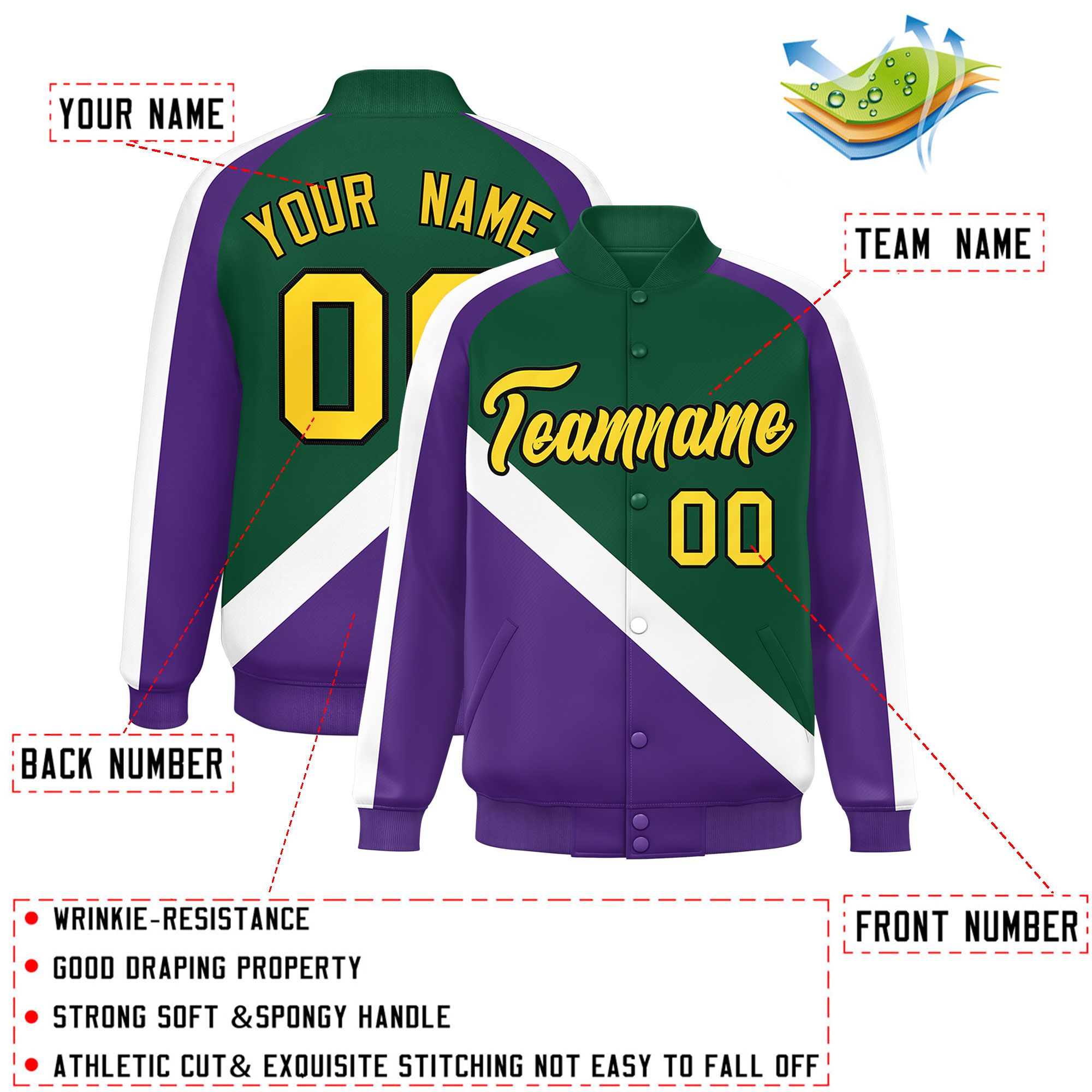 Custom Green Purple Raglan Sleeves Varsity Full-Snap Letterman Baseball Jacket