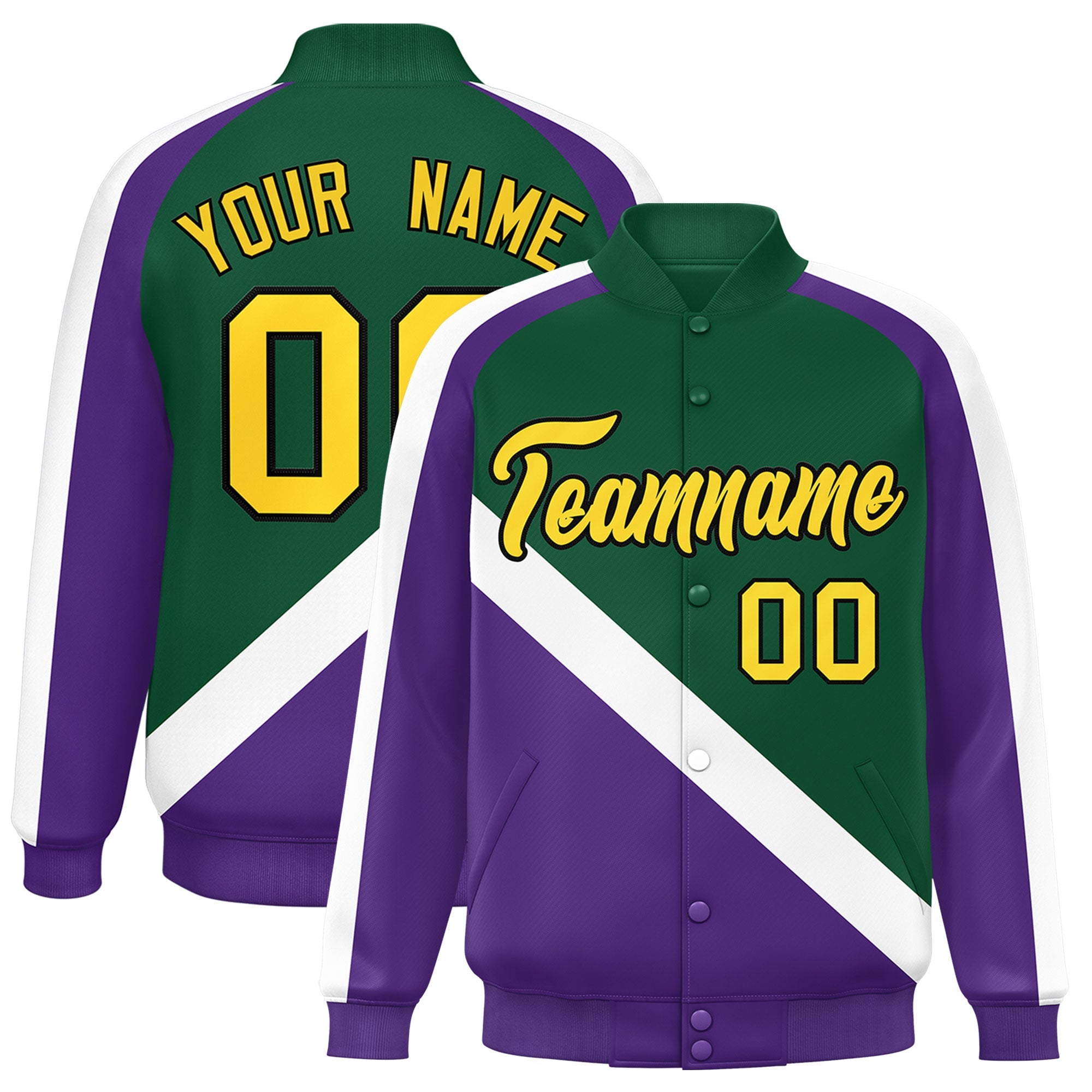 Custom Green Purple Raglan Sleeves Varsity Full-Snap Letterman Baseball Jacket