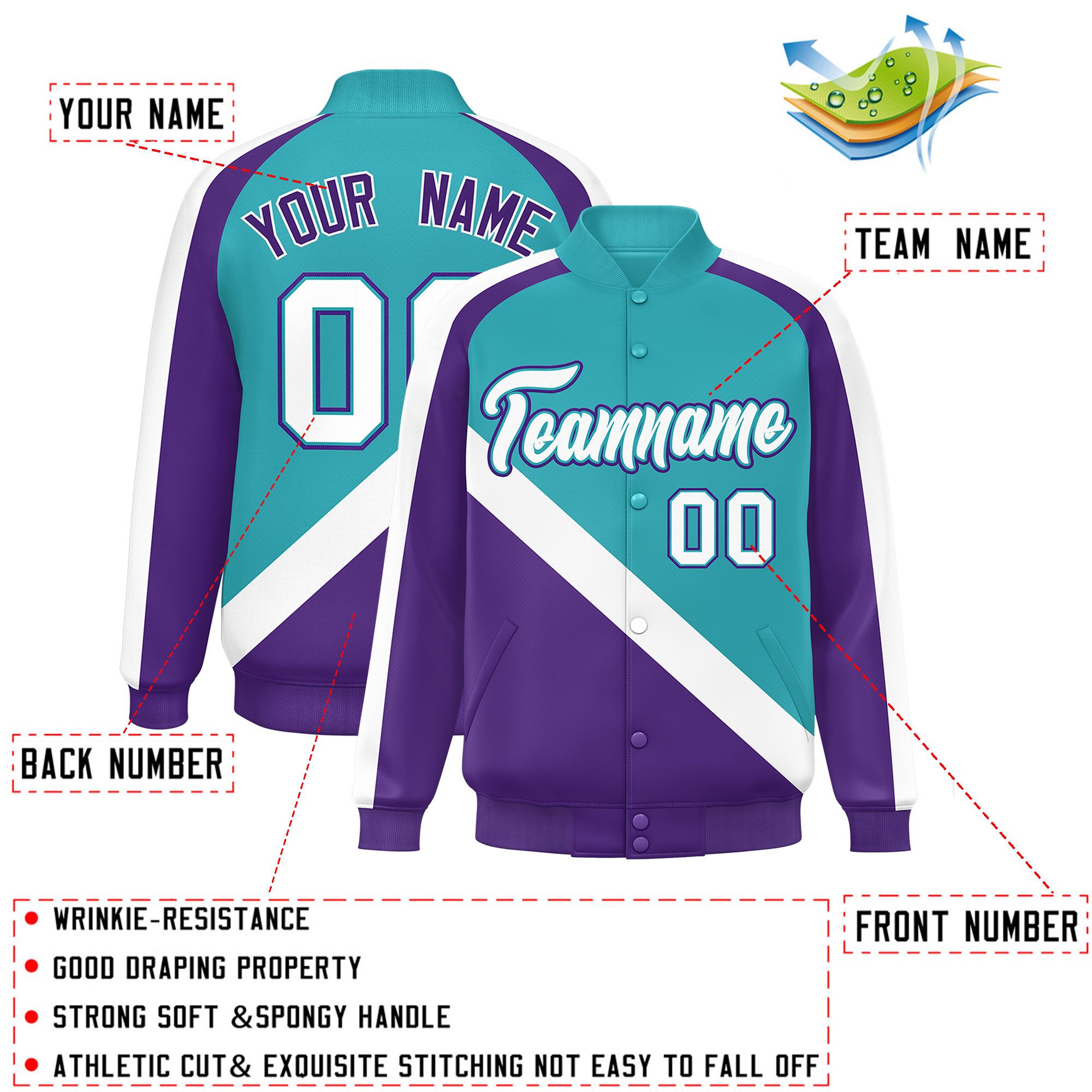 Custom Aqua Purple Raglan Sleeves Varsity Full-Snap Letterman Baseball Jacket