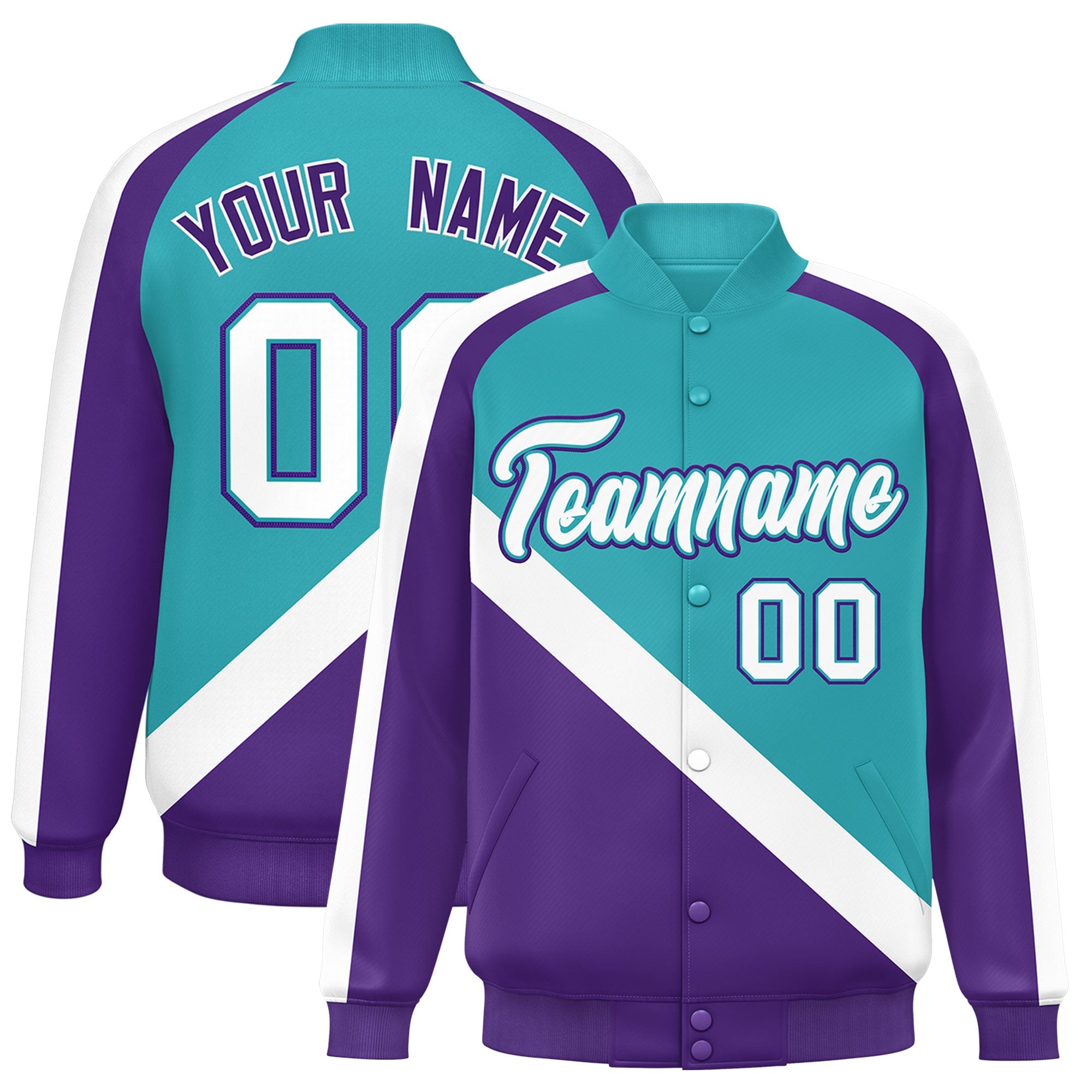 Custom Aqua Purple Raglan Sleeves Varsity Full-Snap Letterman Baseball Jacket