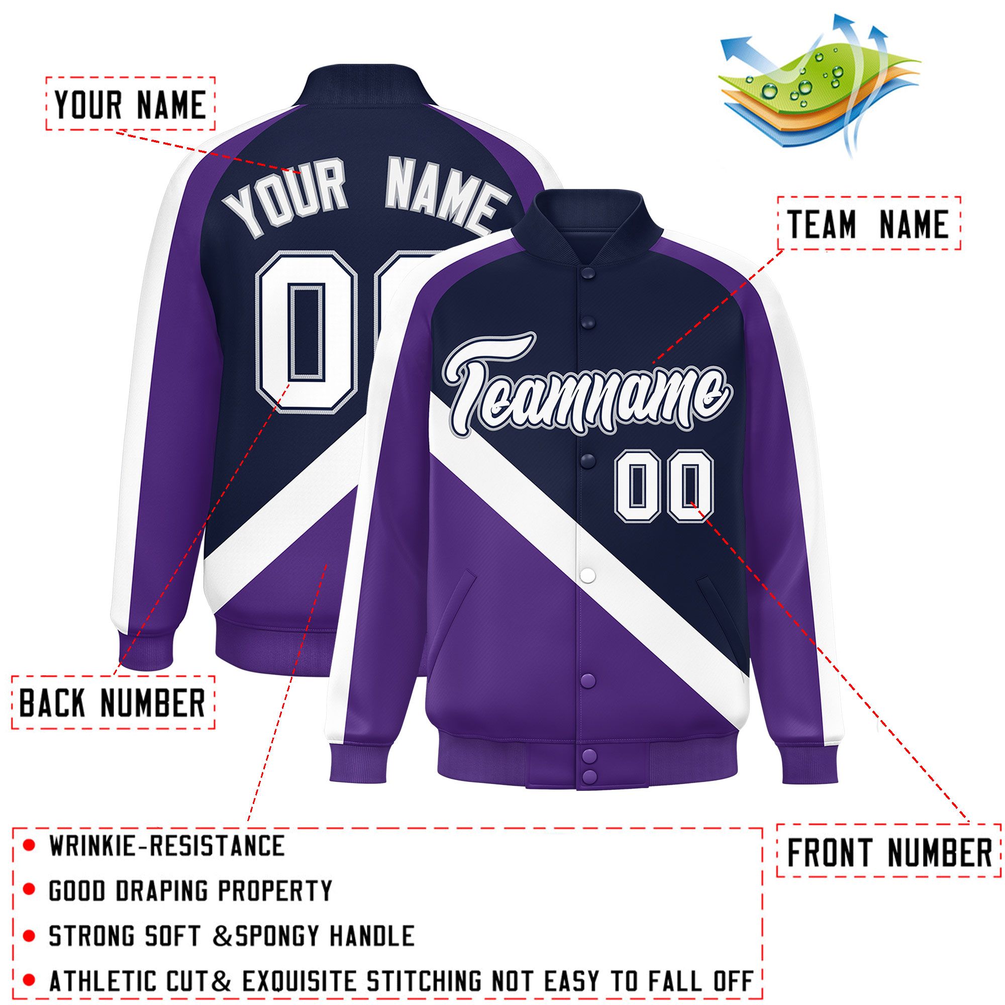 Custom Navy Purple Raglan Sleeves Varsity Full-Snap Letterman Baseball Jacket