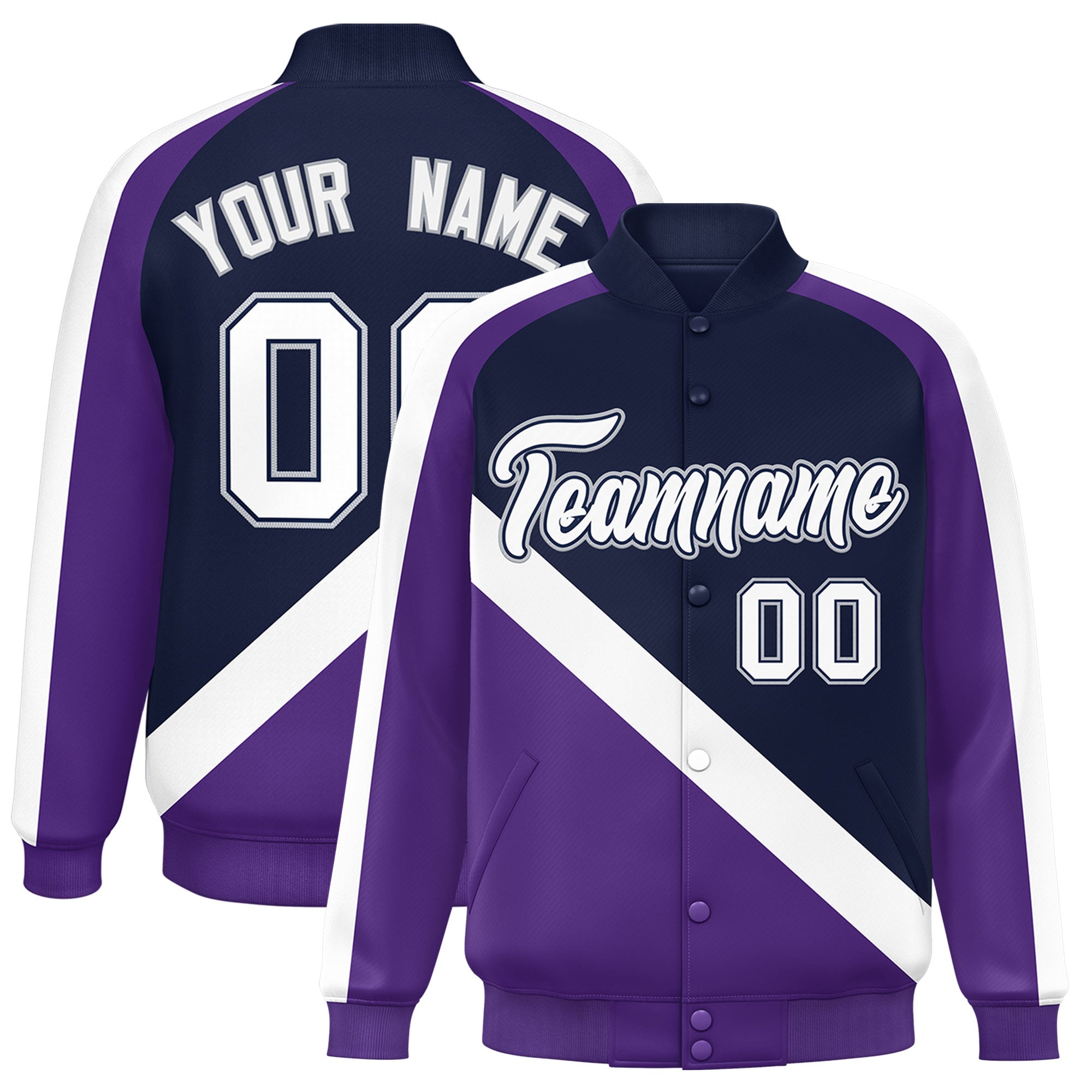 Custom Navy Purple Raglan Sleeves Varsity Full-Snap Letterman Baseball Jacket