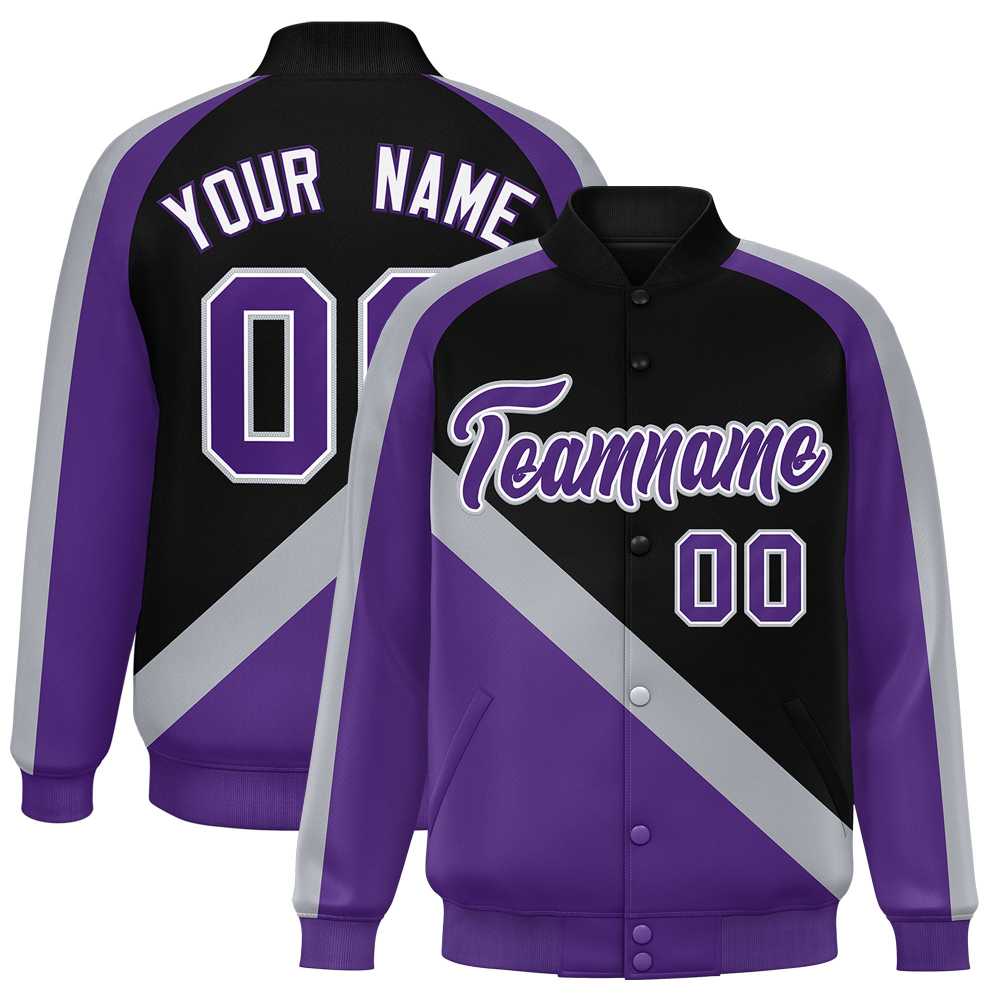 Custom Black Purple Raglan Sleeves Varsity Full-Snap Letterman Baseball Jacket