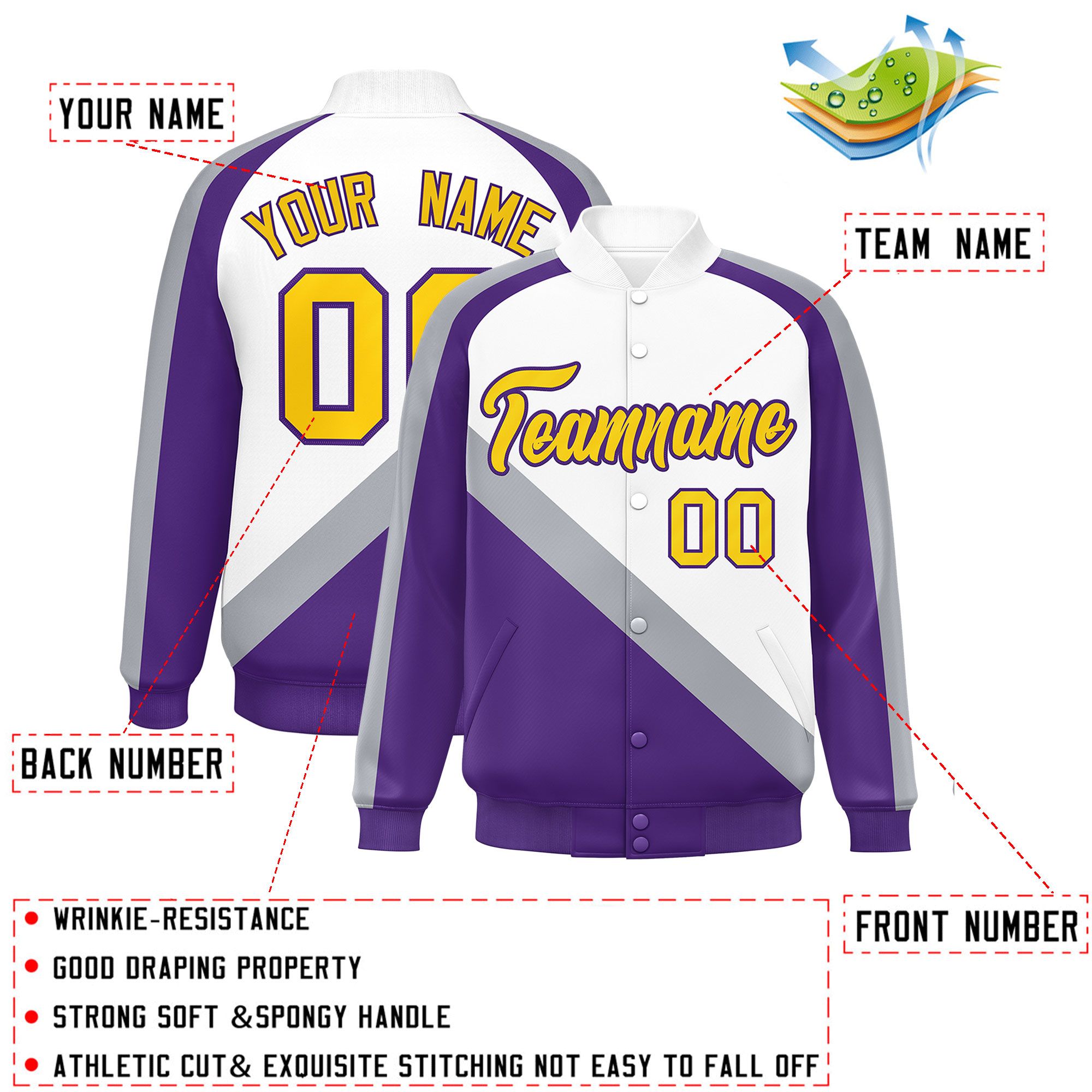 Custom White Purple Raglan Sleeves Varsity Full-Snap Letterman Baseball Jacket