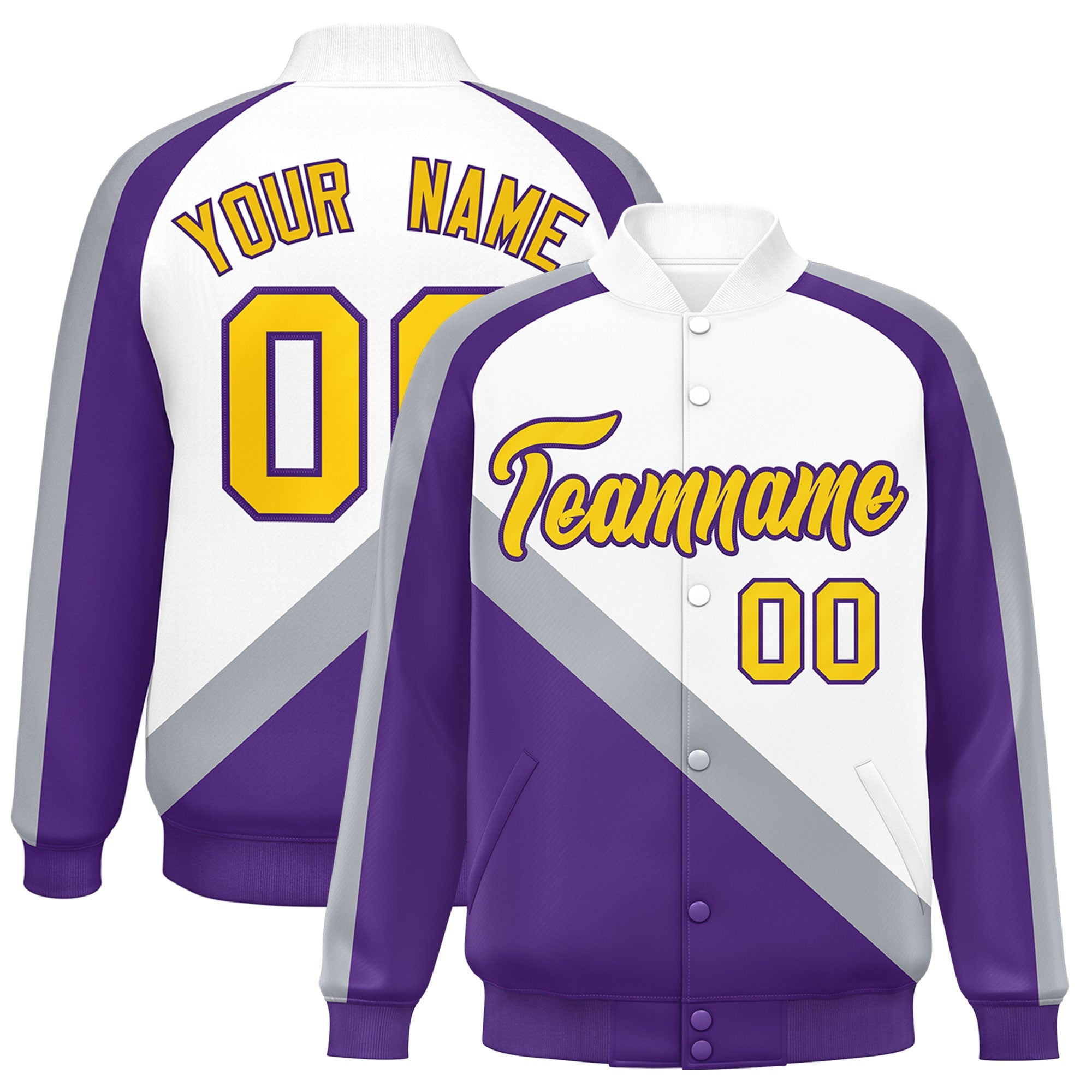 Custom White Purple Raglan Sleeves Varsity Full-Snap Letterman Baseball Jacket