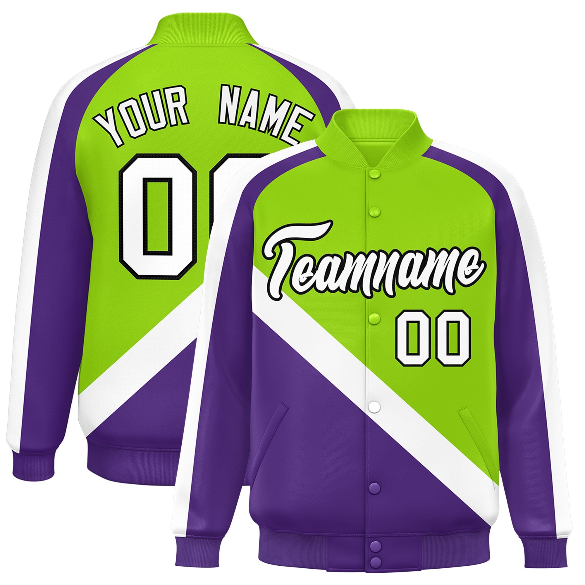 Custom Neon Green Purple Raglan Sleeves Varsity Full-Snap Letterman Baseball Jacket