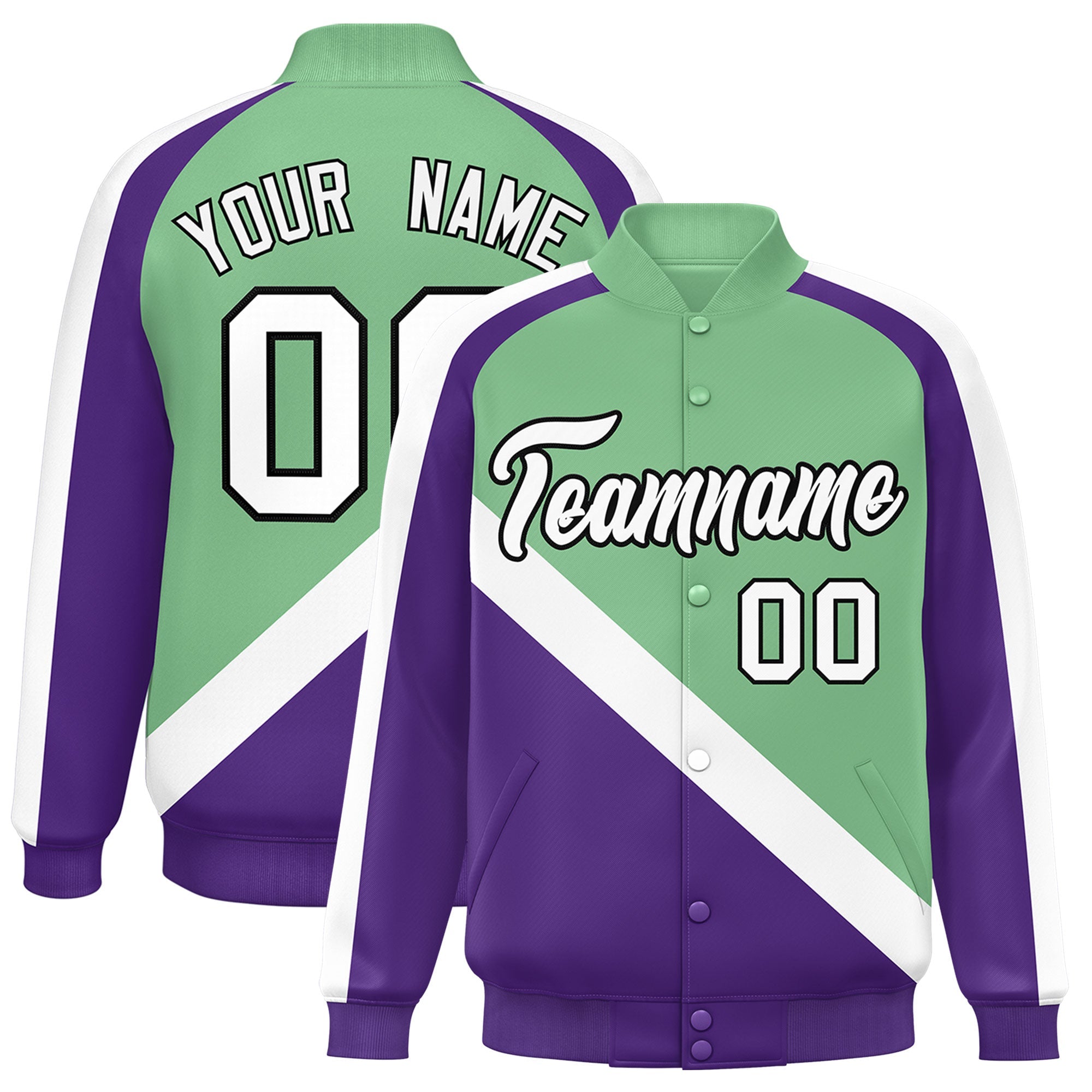 Custom Green Purple Raglan Sleeves Varsity Full-Snap Letterman Baseball Jacket