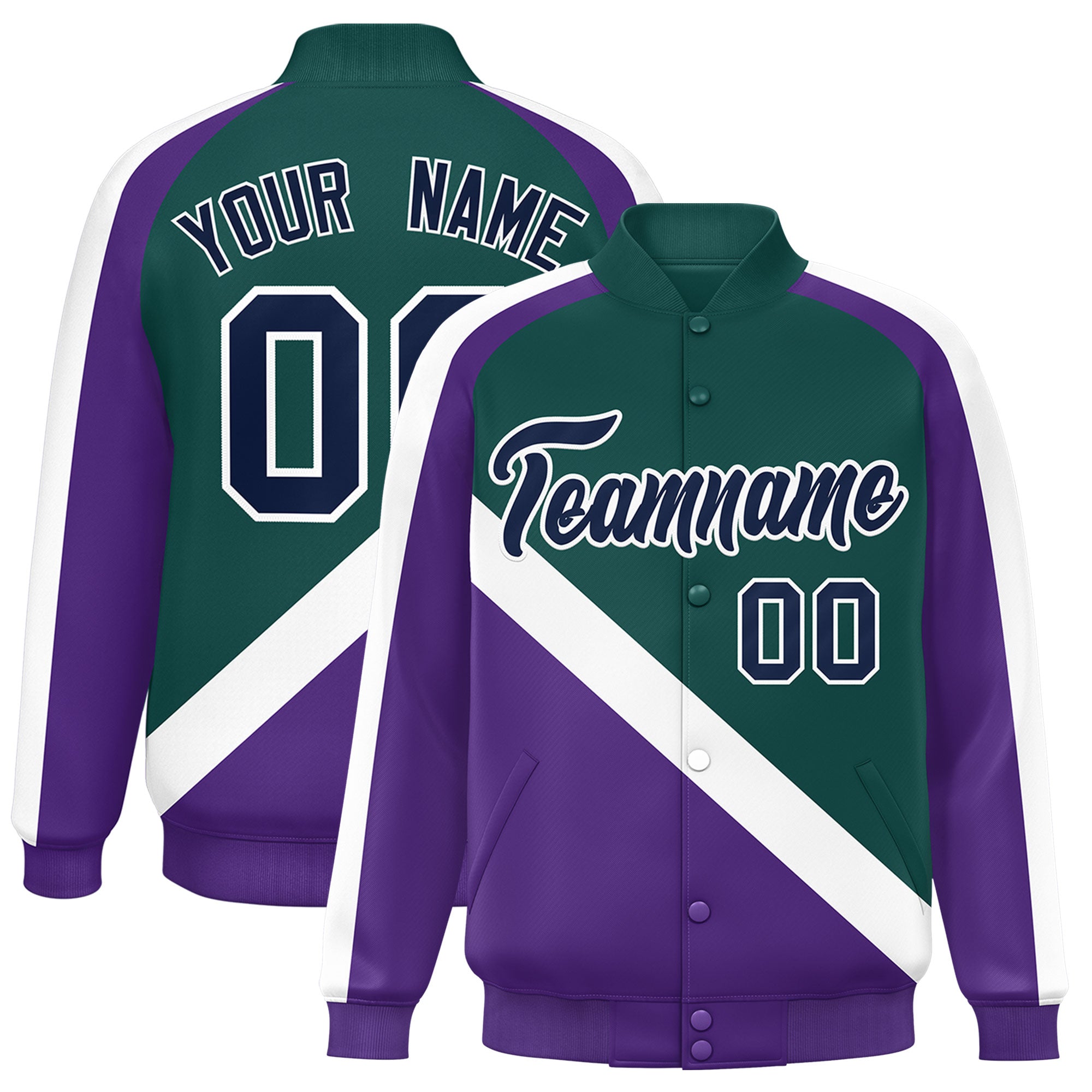 Custom Midnight Green Purple Raglan Sleeves Varsity Full-Snap Letterman Baseball Jacket