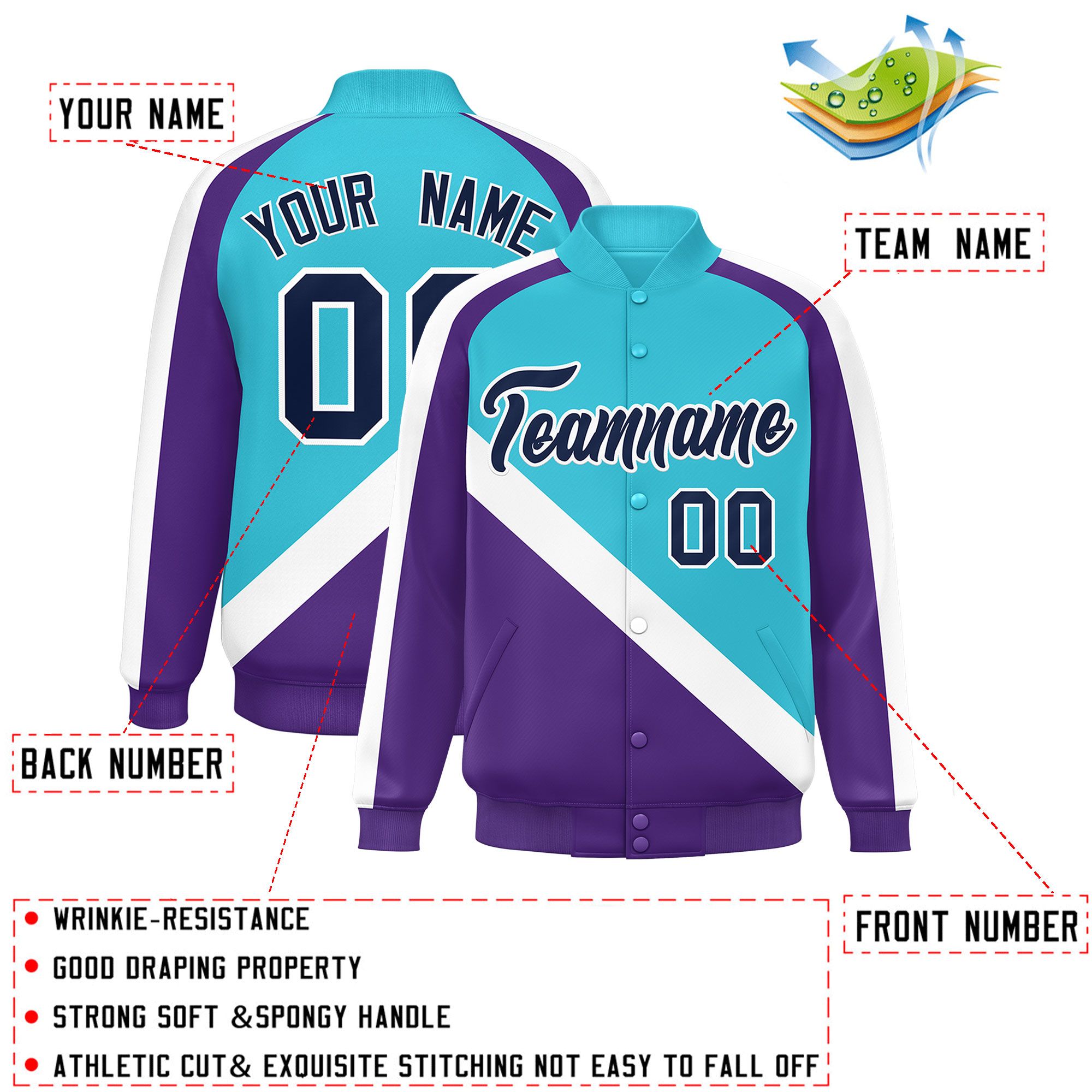 Custom Sky Blue Purple Raglan Sleeves Varsity Full-Snap Letterman Baseball Jacket