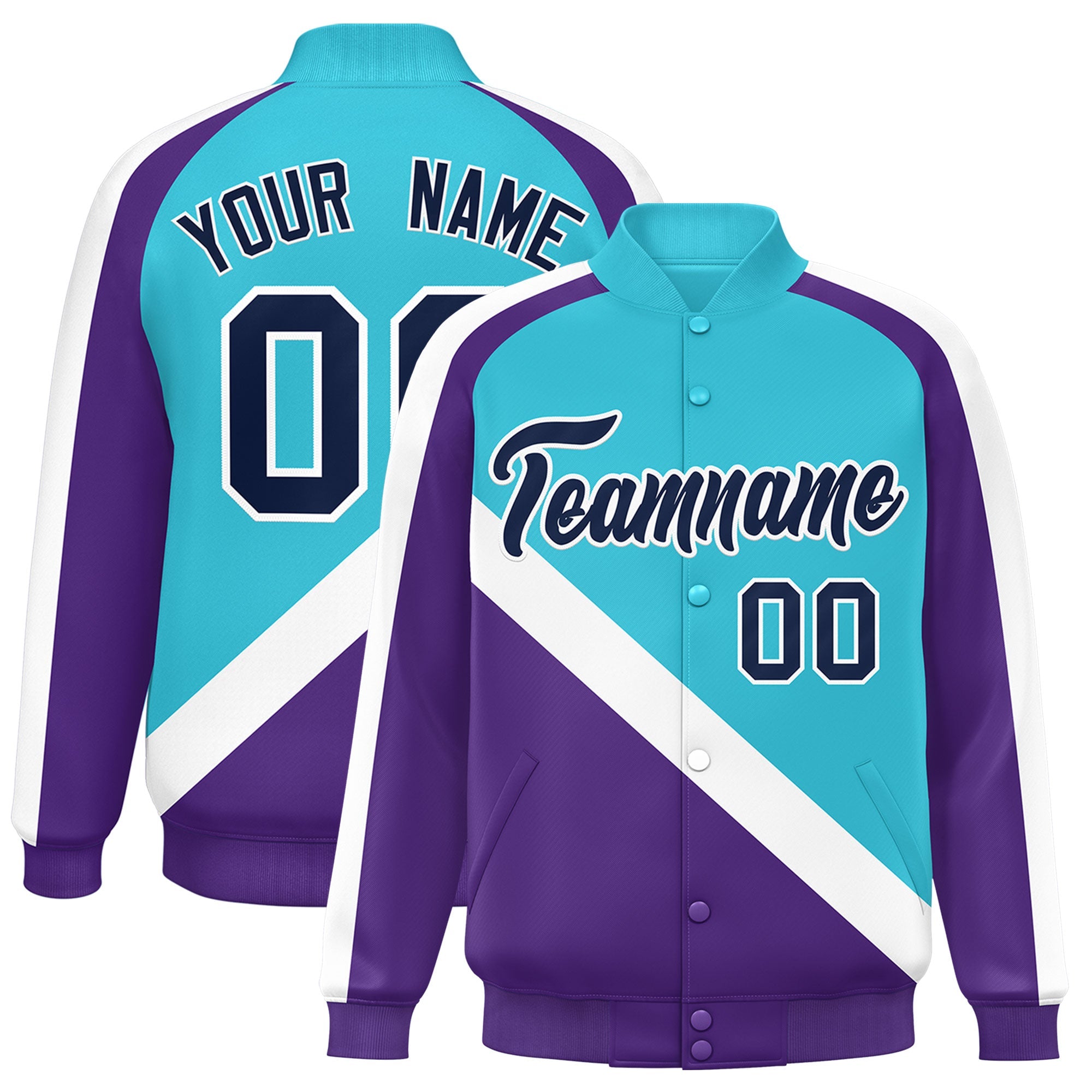 Custom Sky Blue Purple Raglan Sleeves Varsity Full-Snap Letterman Baseball Jacket