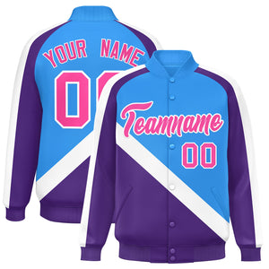 Custom Powder Blue Purple Raglan Sleeves Varsity Full-Snap Letterman Baseball Jacket