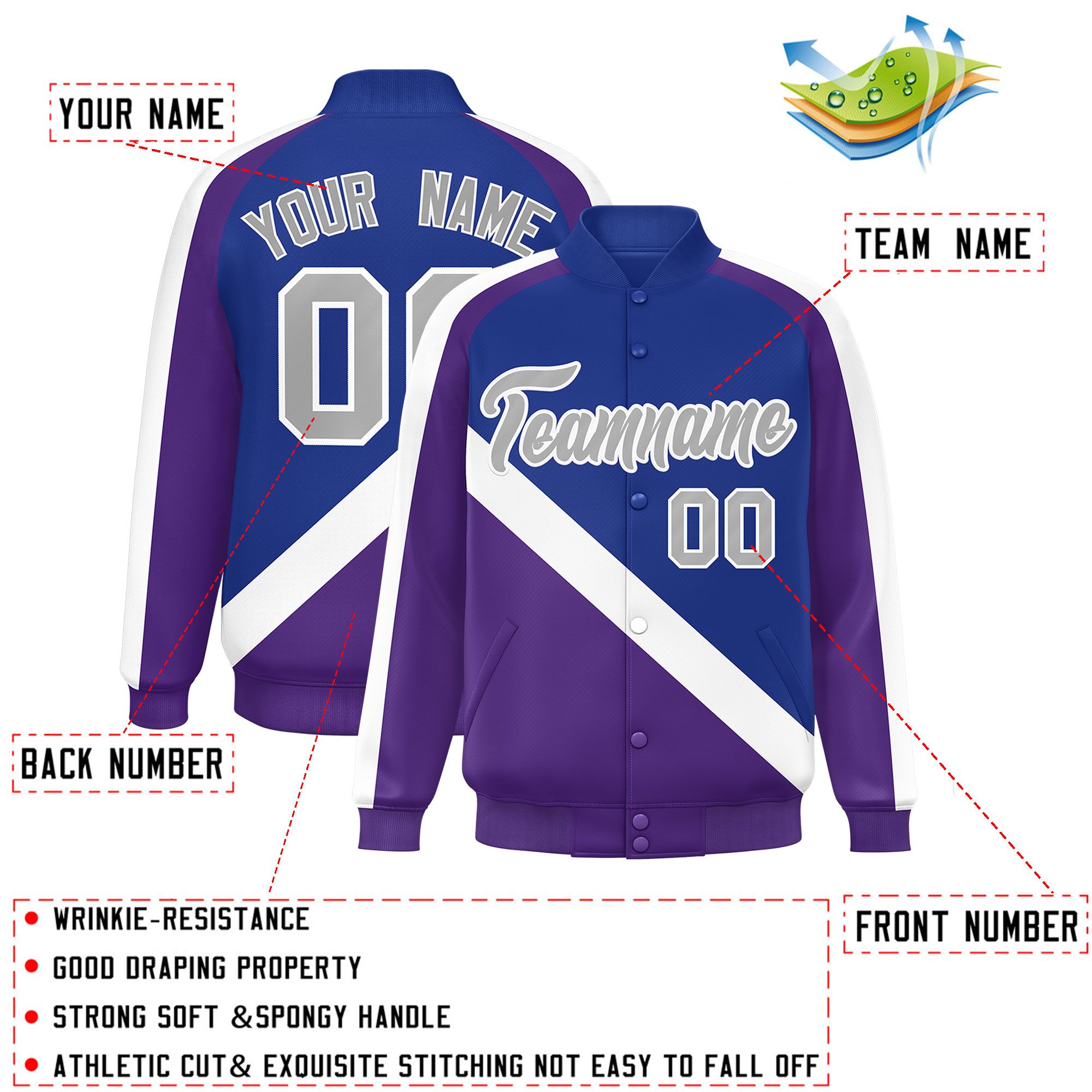 Custom Royal Purple Raglan Sleeves Varsity Full-Snap Letterman Baseball Jacket