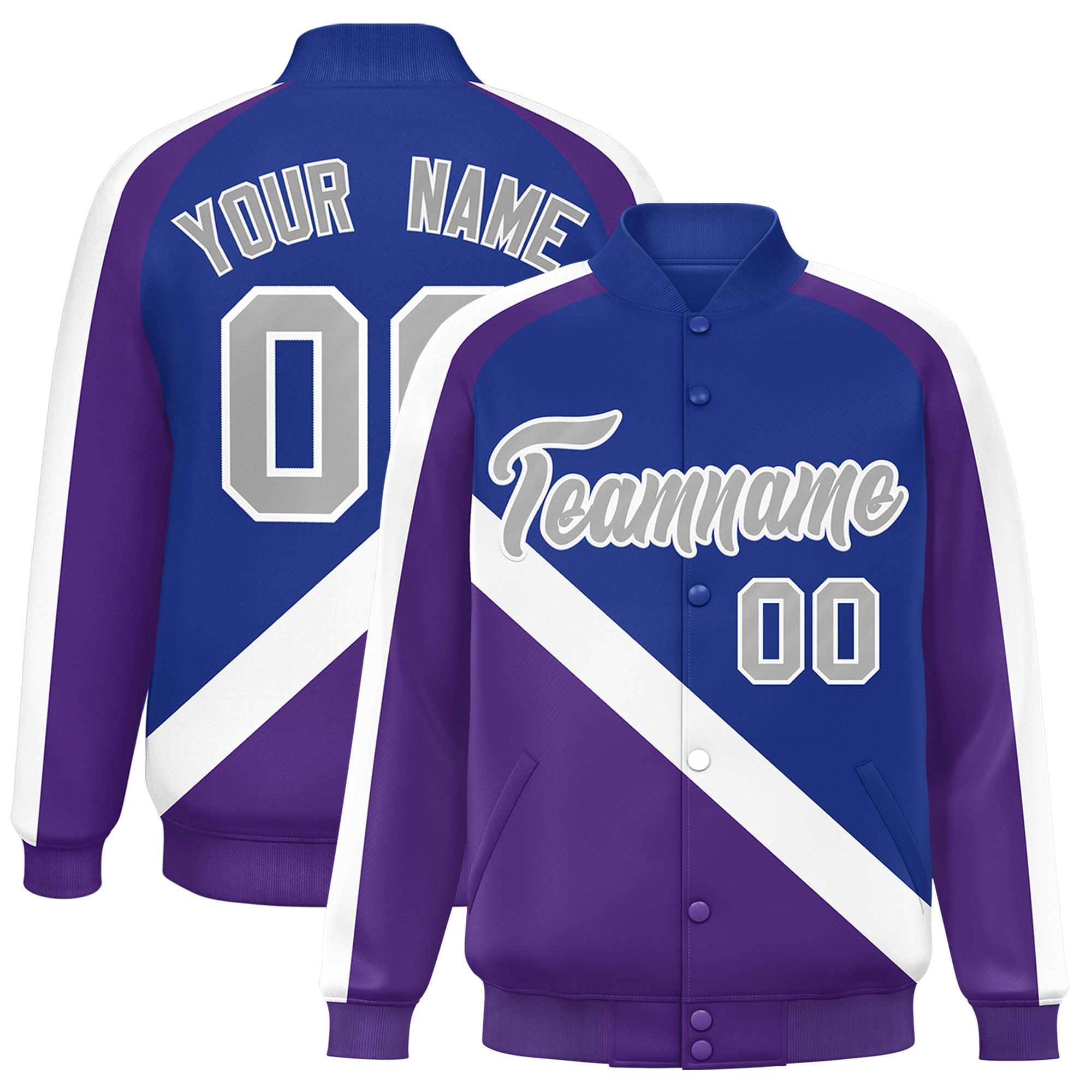 Custom Royal Purple Raglan Sleeves Varsity Full-Snap Letterman Baseball Jacket