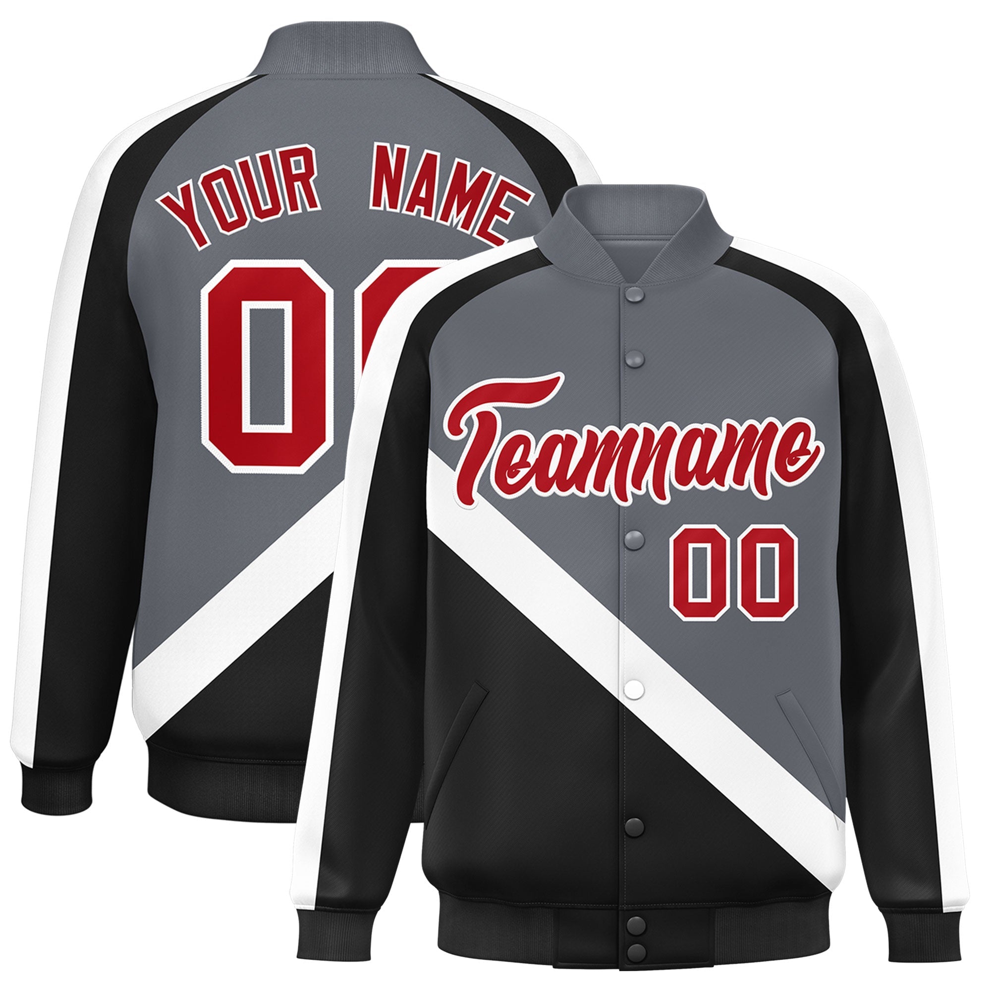 Custom Dark Gray Black Raglan Sleeves Varsity Full-Snap Letterman Baseball Jacket