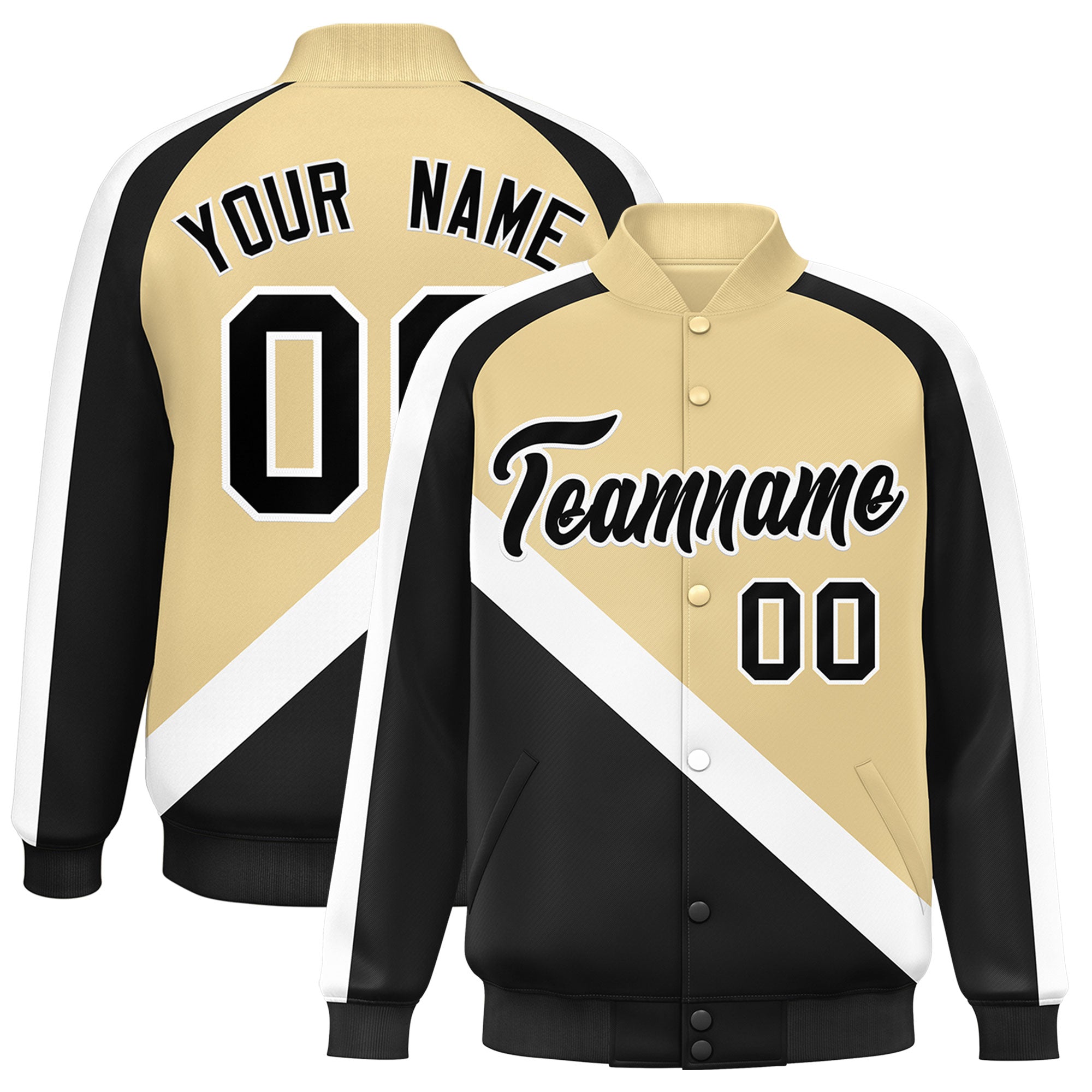 Custom Khaki Black Raglan Sleeves Varsity Full-Snap Letterman Baseball Jacket