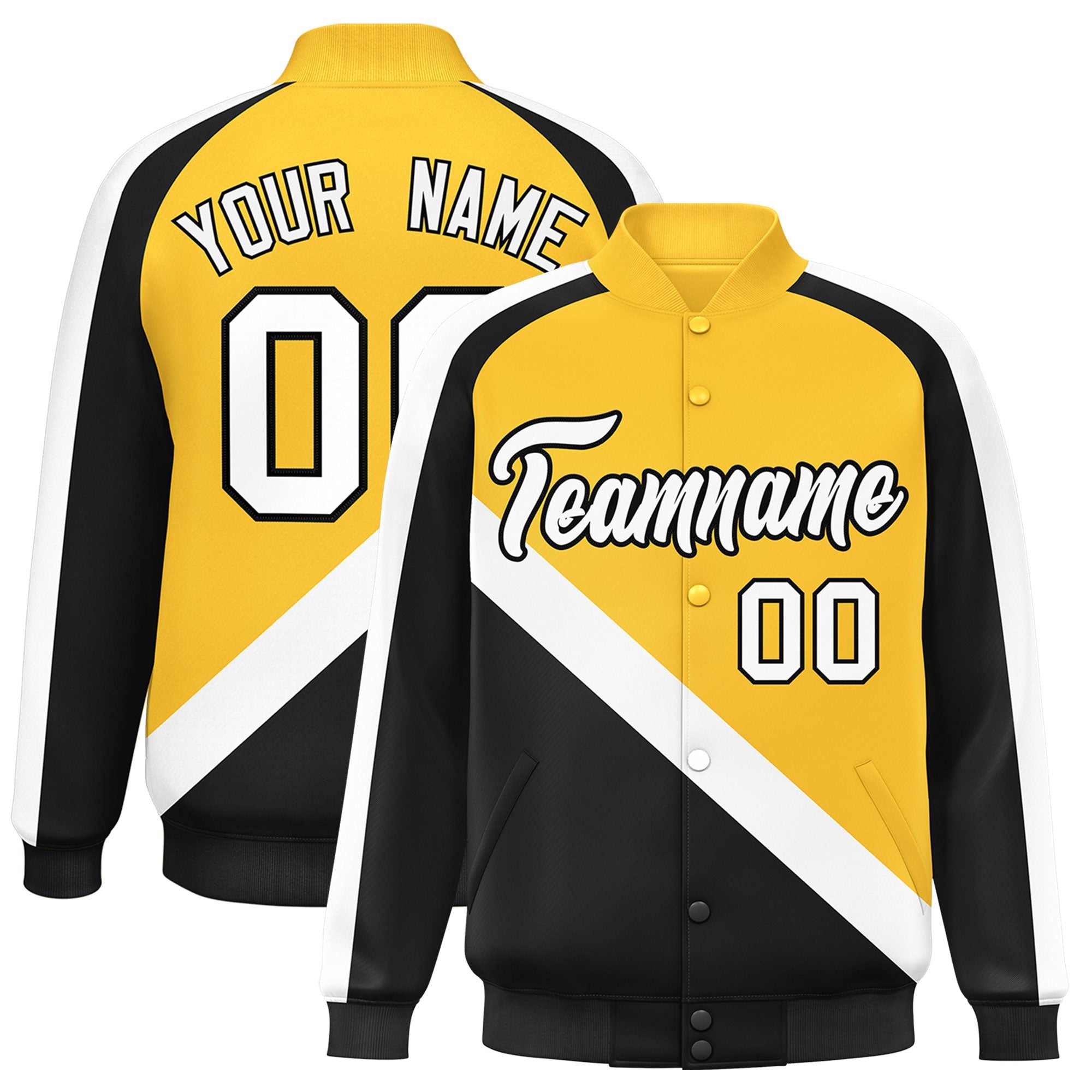 Custom Gold Black Raglan Sleeves Varsity Full-Snap Letterman Baseball Jacket