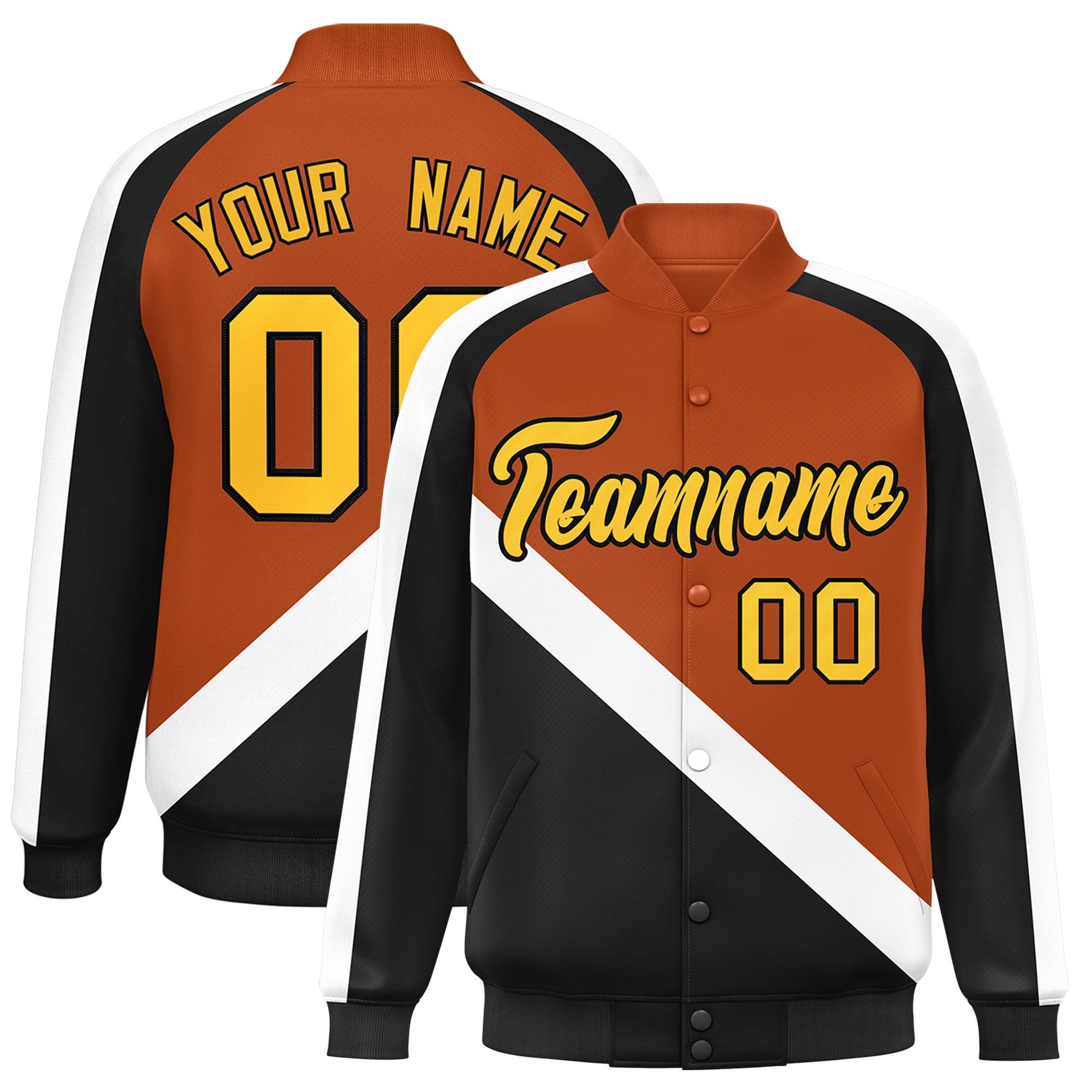 Custom Texas Orange Black Raglan Sleeves Varsity Full-Snap Letterman Baseball Jacket