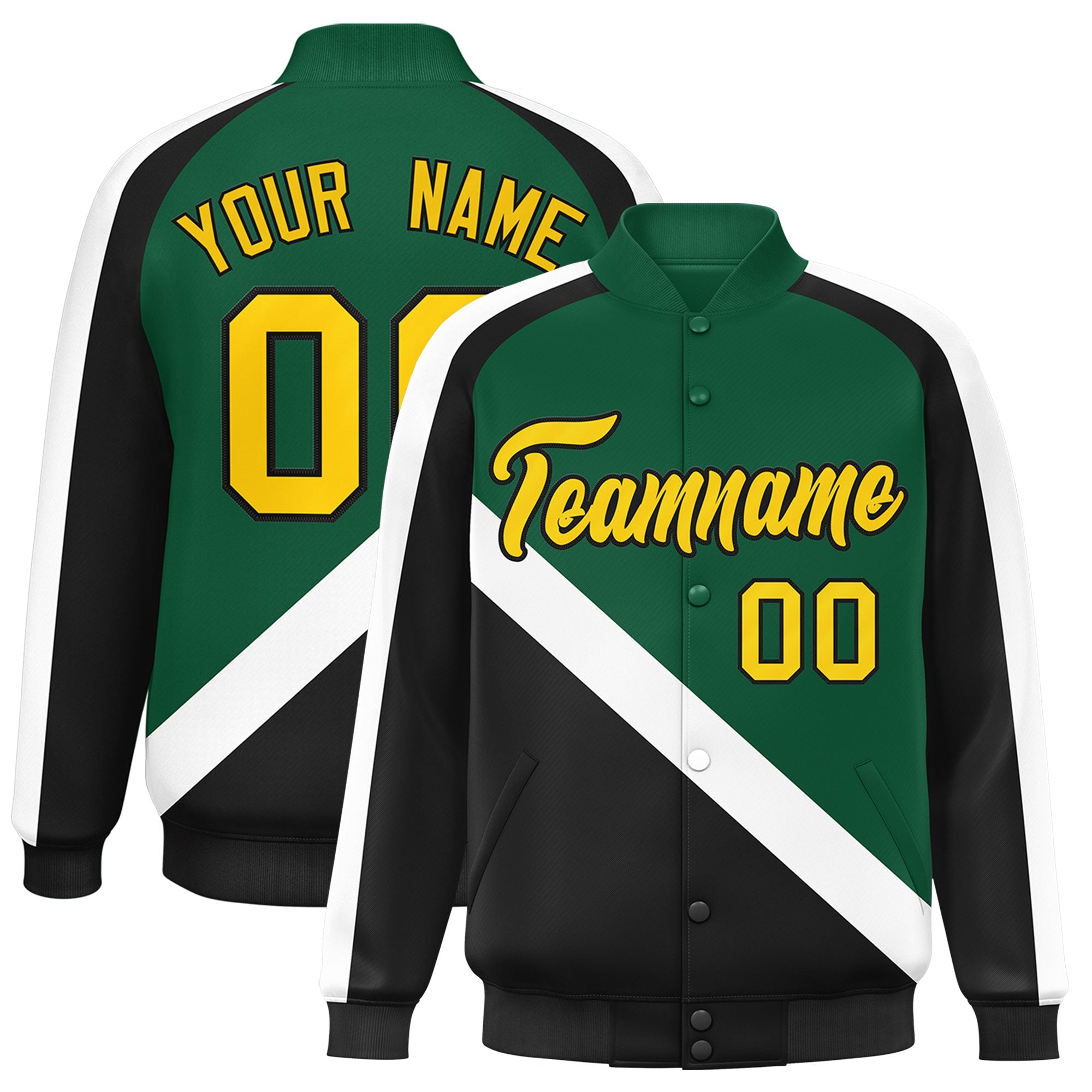 Custom Green Black Raglan Sleeves Varsity Full-Snap Letterman Baseball Jacket