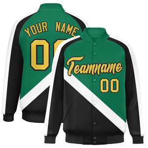 Custom Kelly Green Black Raglan Sleeves Varsity Full-Snap Letterman Baseball Jacket