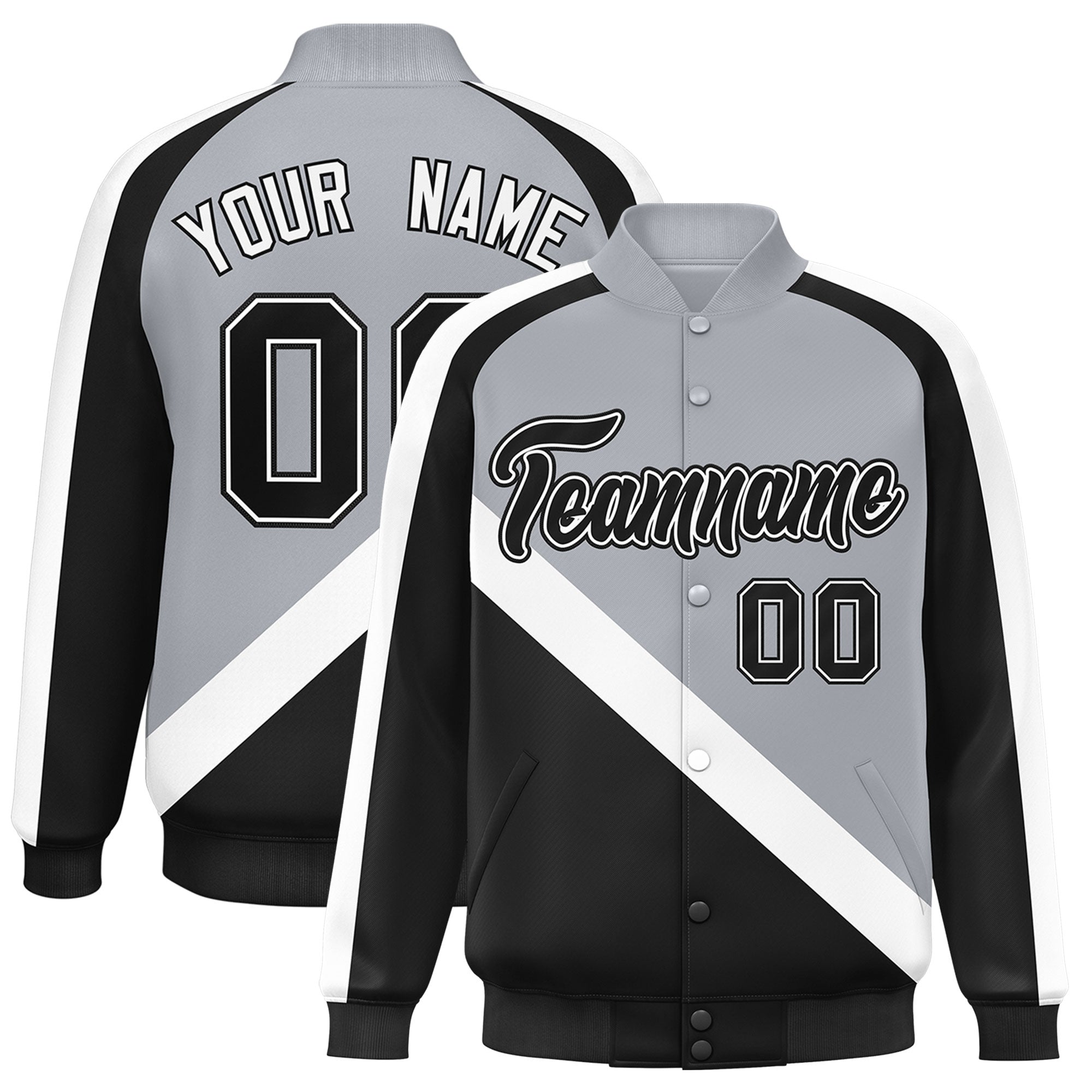 Custom Gray Black Raglan Sleeves Varsity Full-Snap Letterman Baseball Jacket