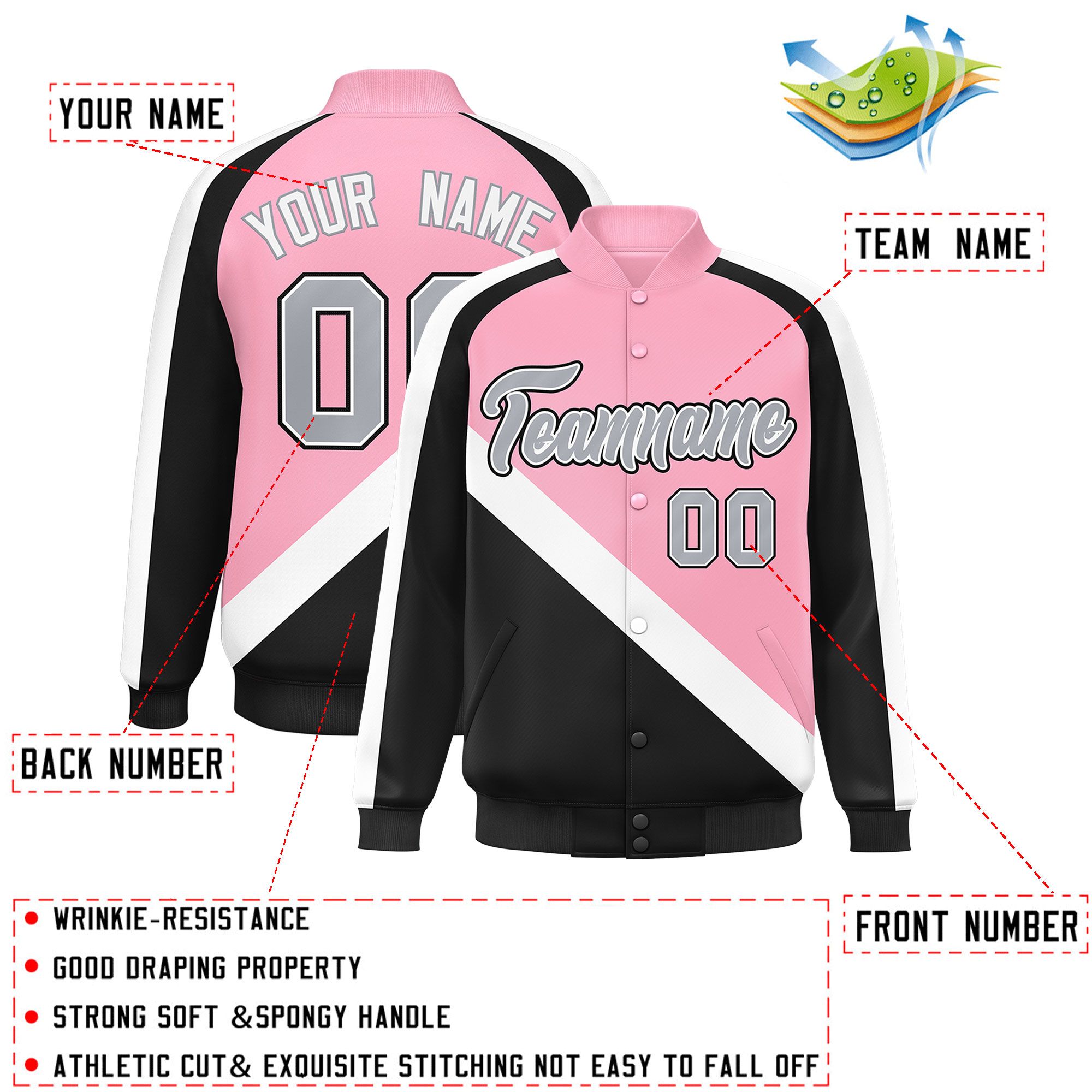 Custom Light Pink Black Raglan Sleeves Varsity Full-Snap Letterman Baseball Jacket