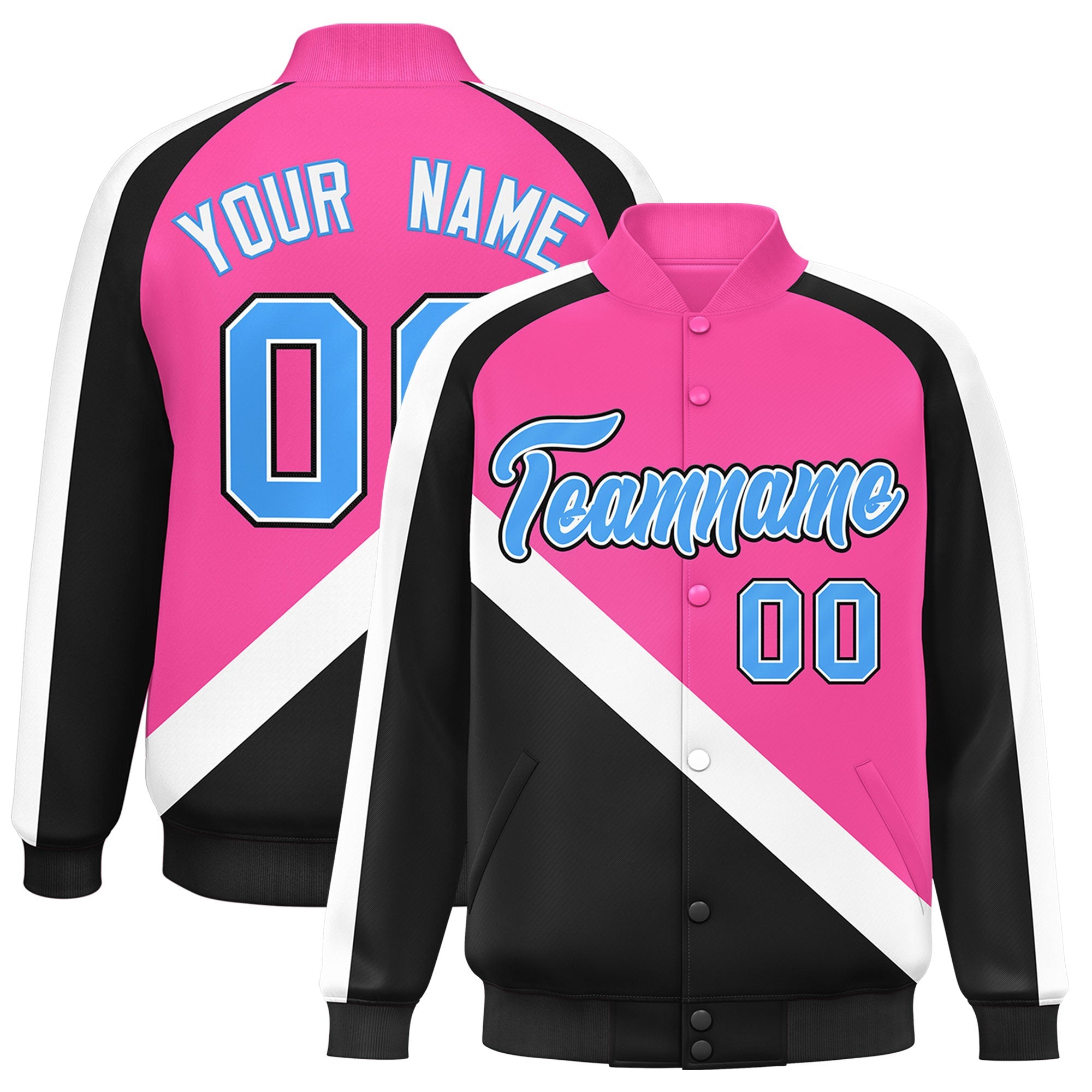 Custom Pink Black Raglan Sleeves Varsity Full-Snap Letterman Baseball Jacket