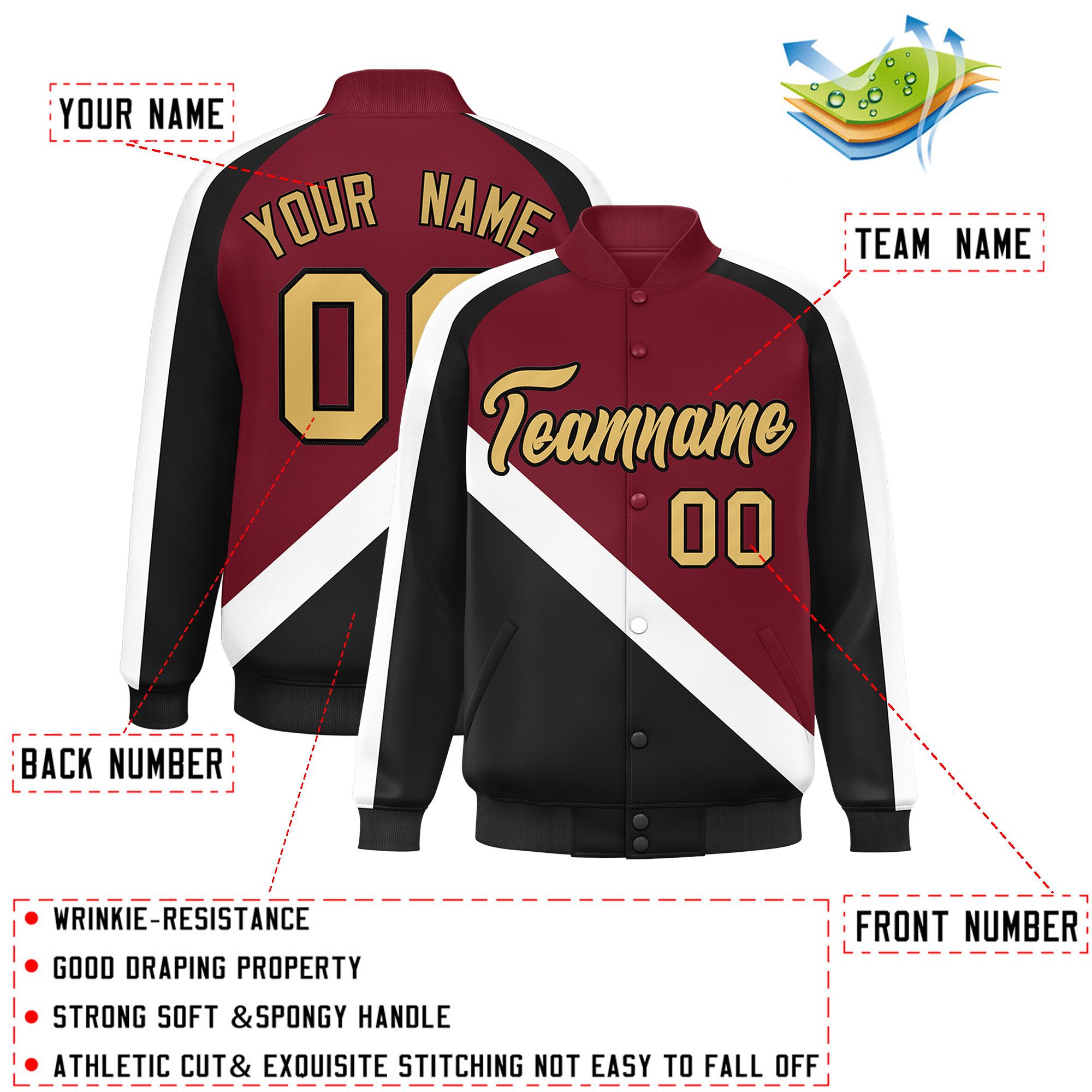 Custom Crimson Black Raglan Sleeves Varsity Full-Snap Letterman Baseball Jacket