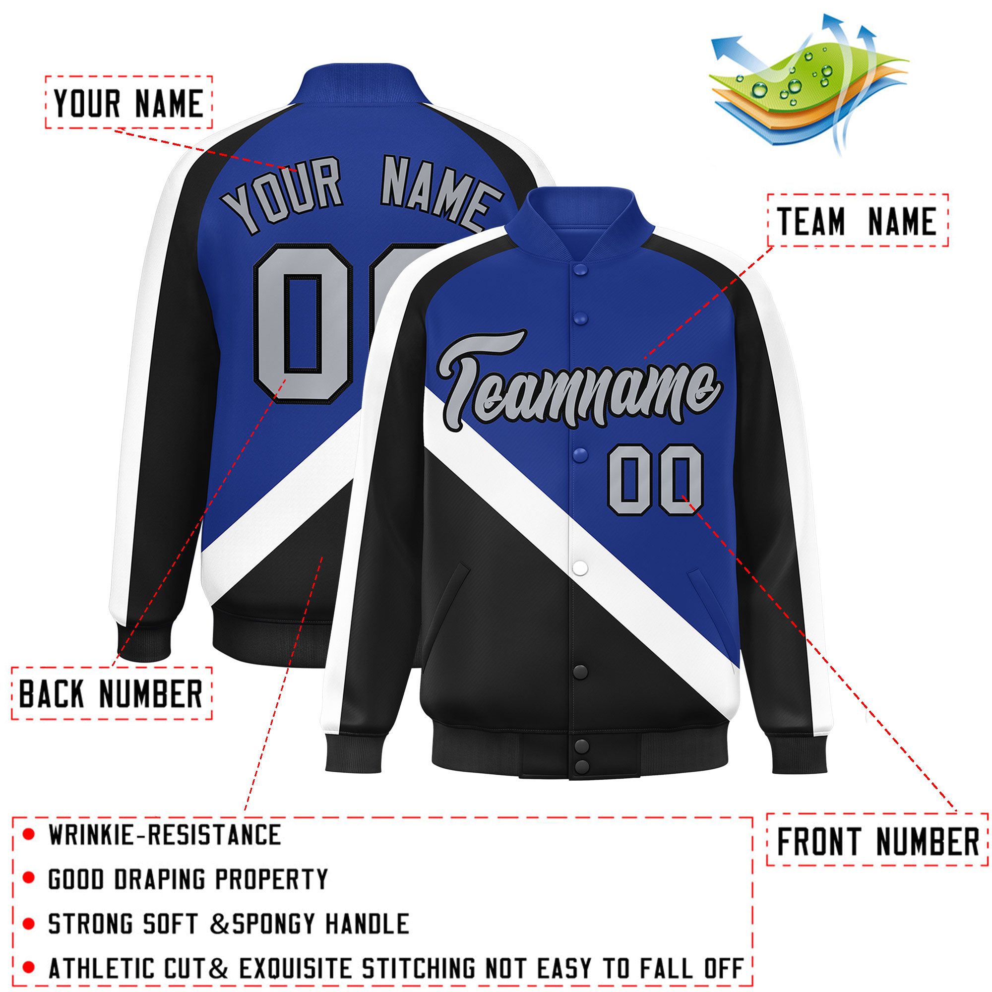 Custom Royal Black Raglan Sleeves Varsity Full-Snap Letterman Baseball Jacket