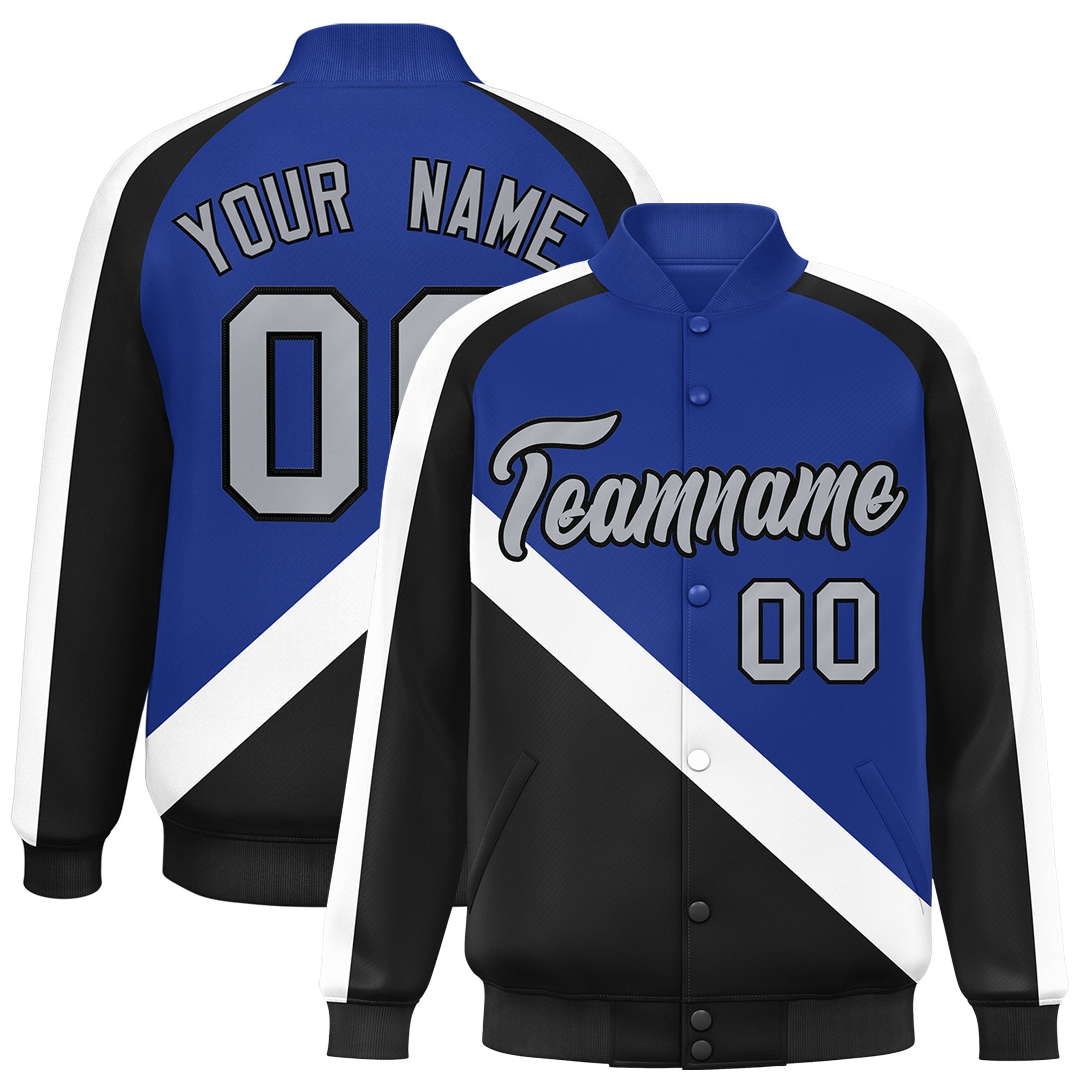 Custom Royal Black Raglan Sleeves Varsity Full-Snap Letterman Baseball Jacket