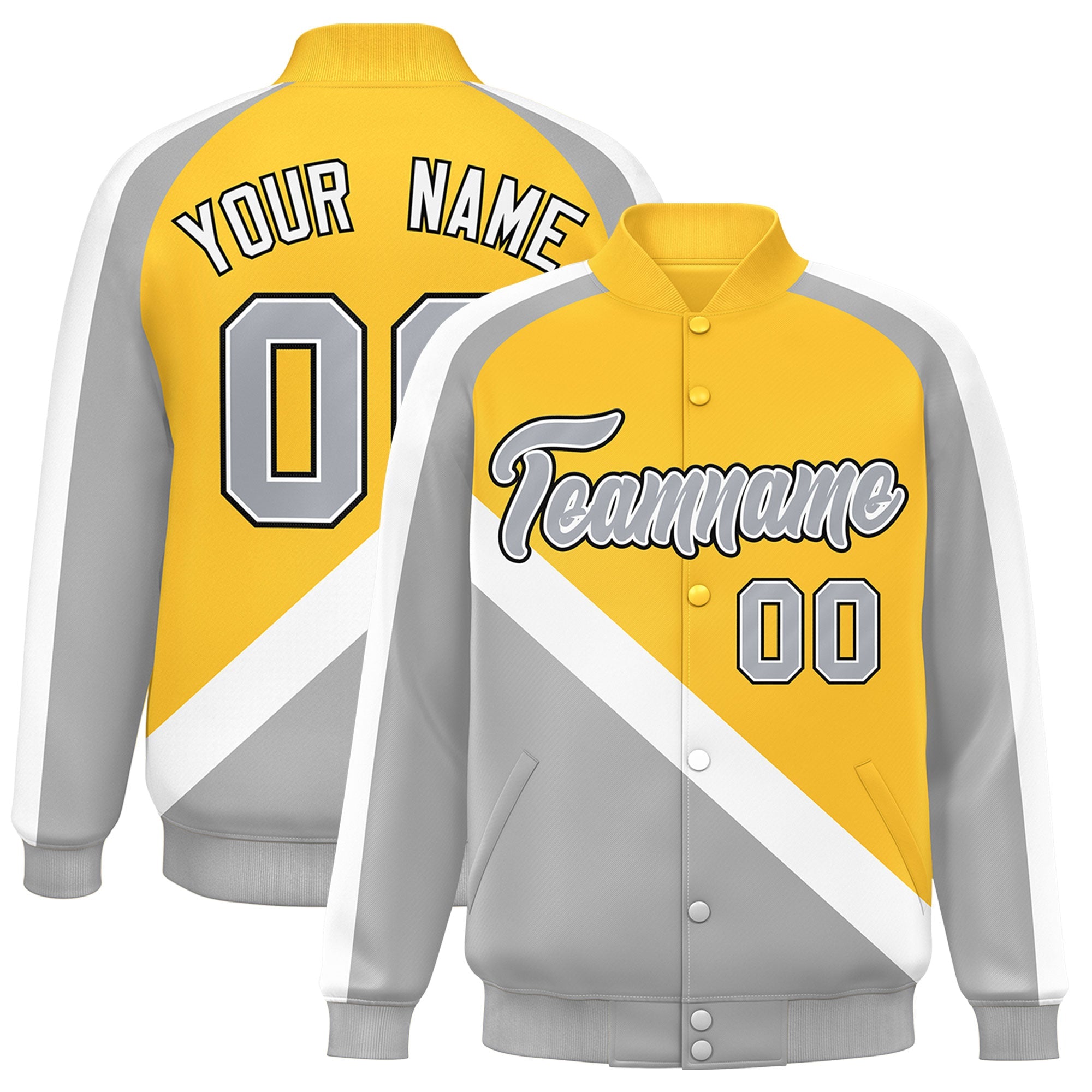 Custom Gold Gray Raglan Sleeves Varsity Full-Snap Letterman Baseball Jacket