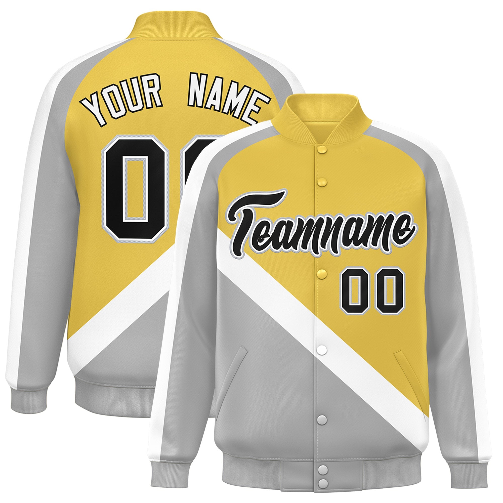 Custom Old Gold Gray Raglan Sleeves Varsity Full-Snap Letterman Baseball Jacket