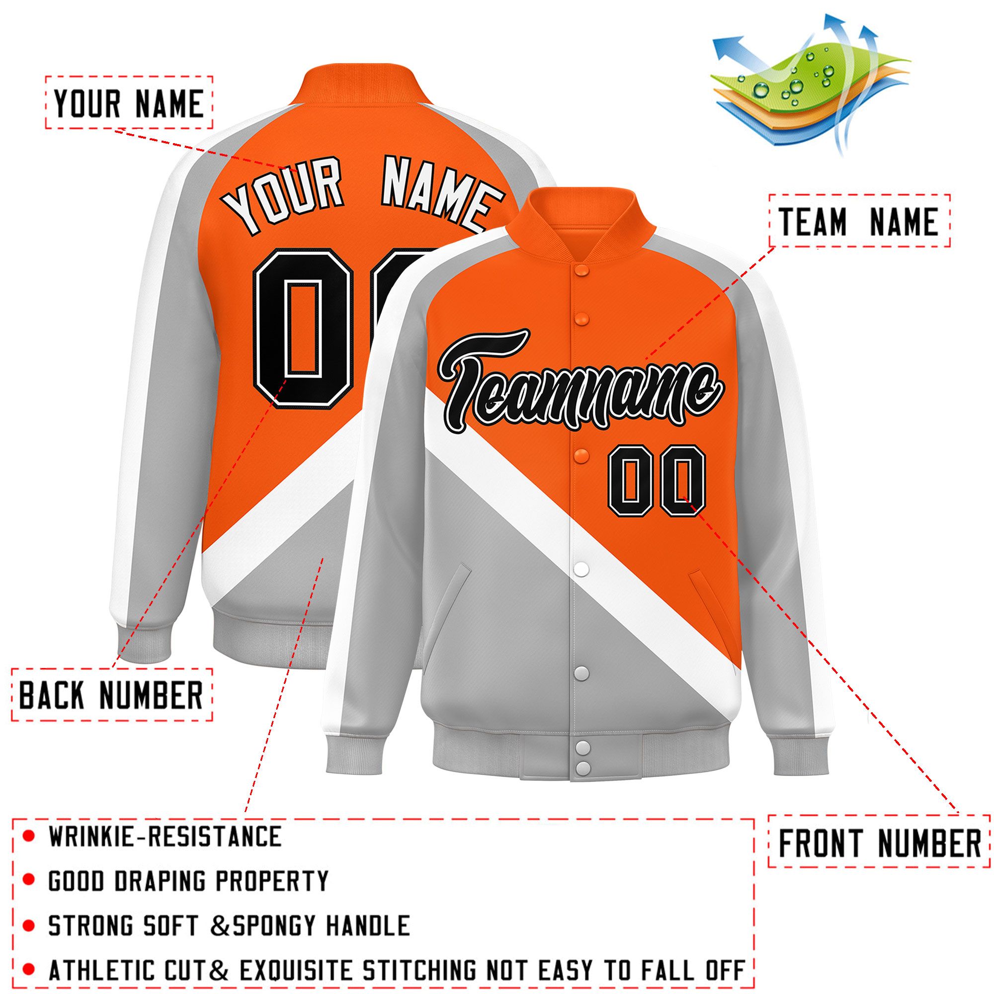 Custom Orange Gray Raglan Sleeves Varsity Full-Snap Letterman Baseball Jacket