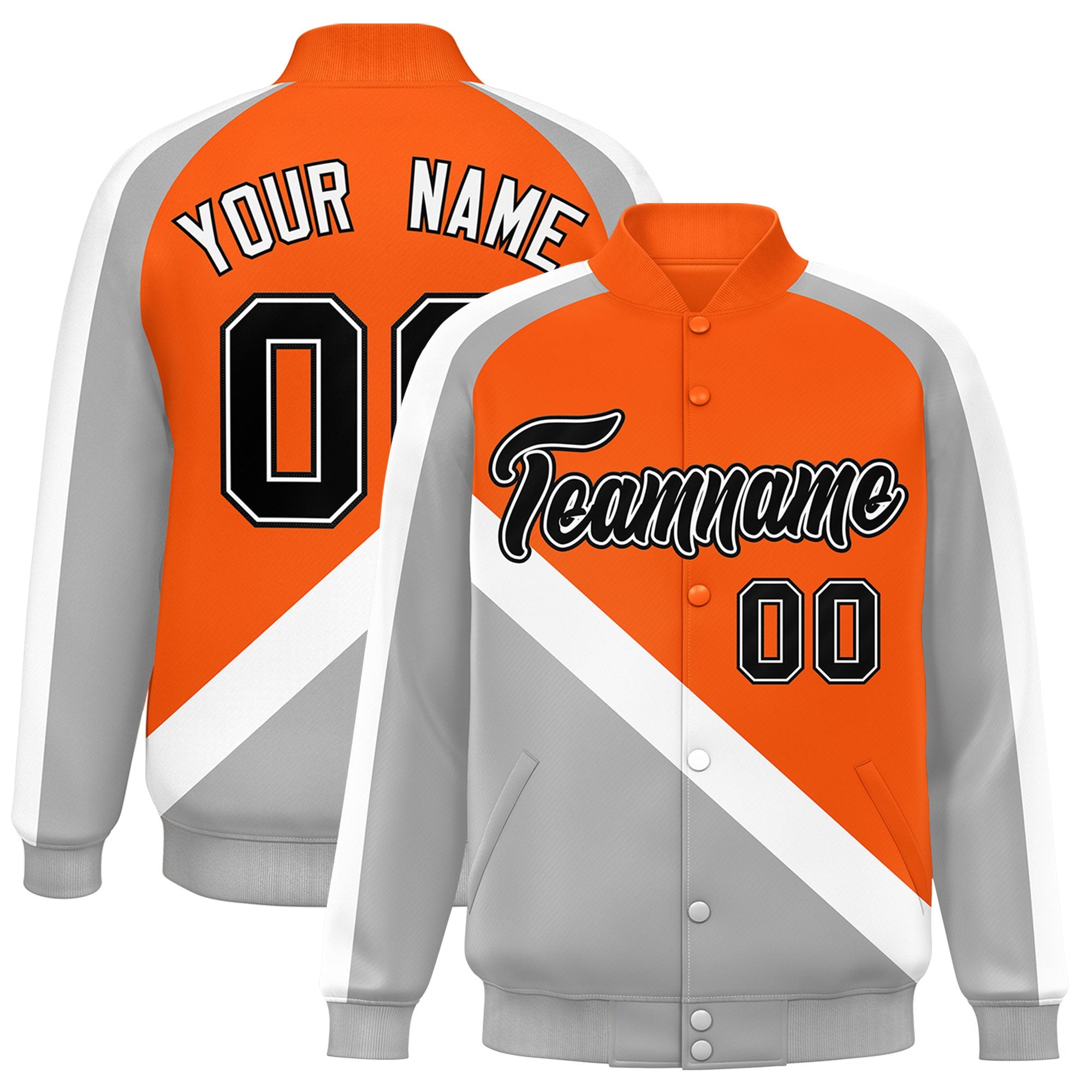 Custom Orange Gray Raglan Sleeves Varsity Full-Snap Letterman Baseball Jacket