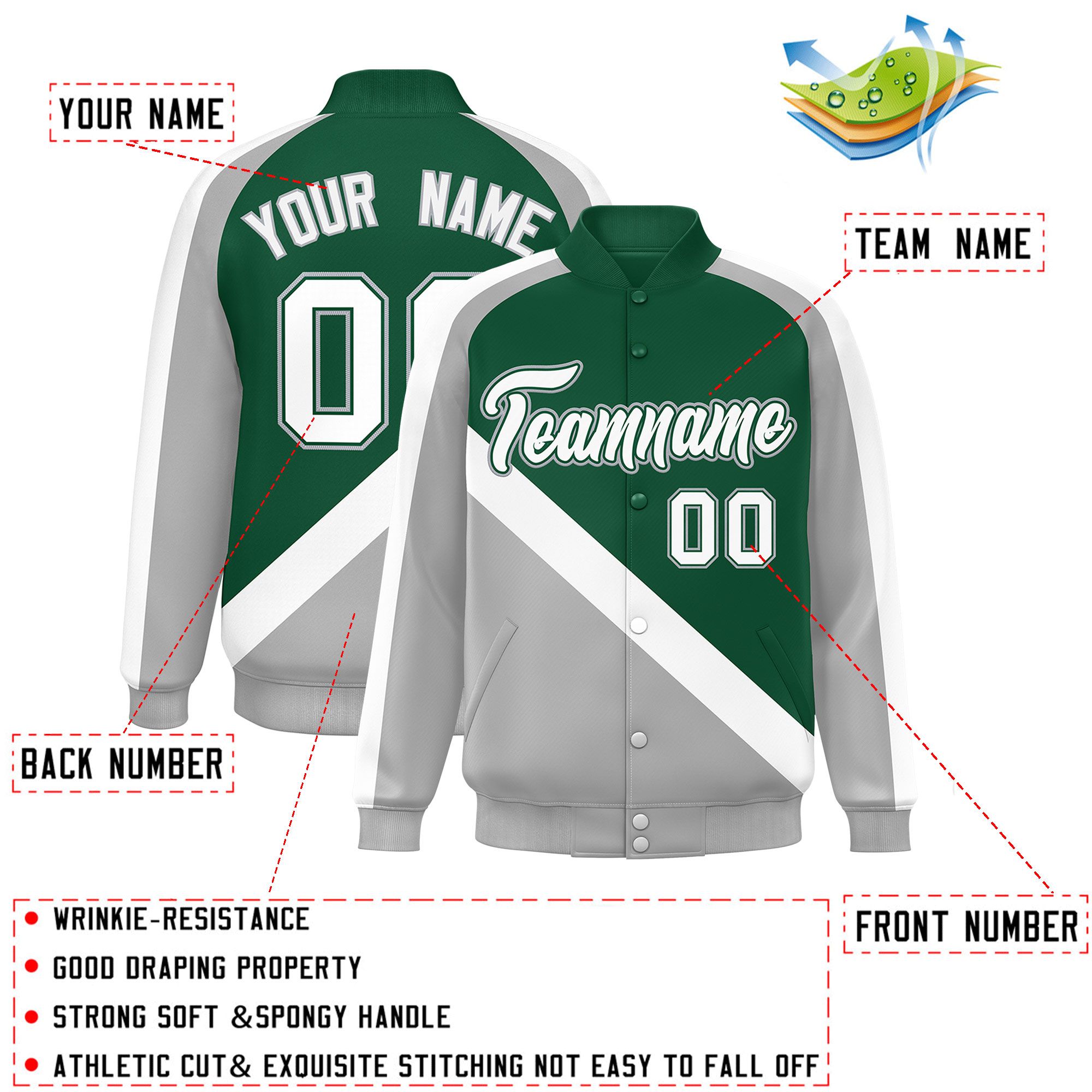 Custom Green Gray Raglan Sleeves Varsity Full-Snap Letterman Baseball Jacket