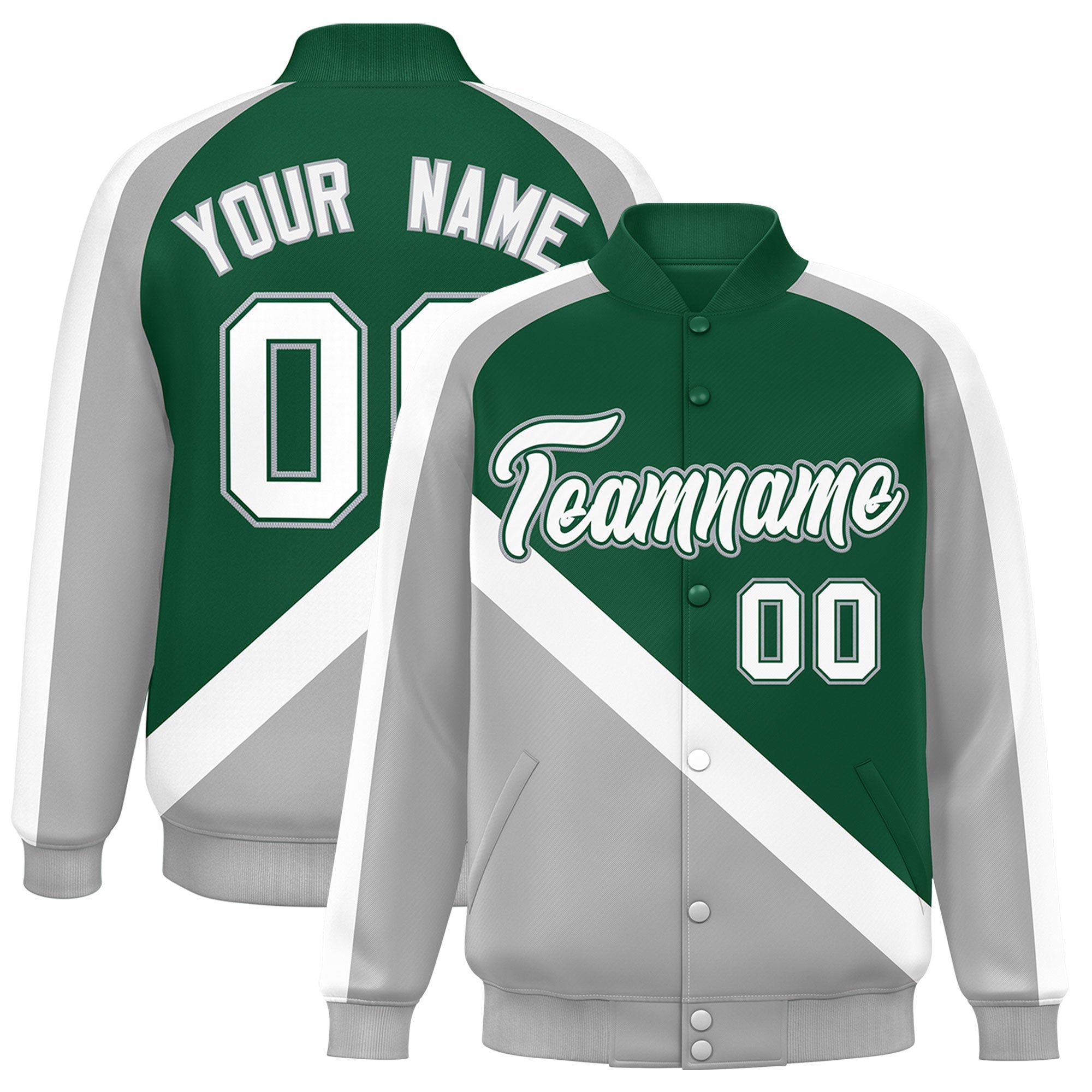 Custom Green Gray Raglan Sleeves Varsity Full-Snap Letterman Baseball Jacket