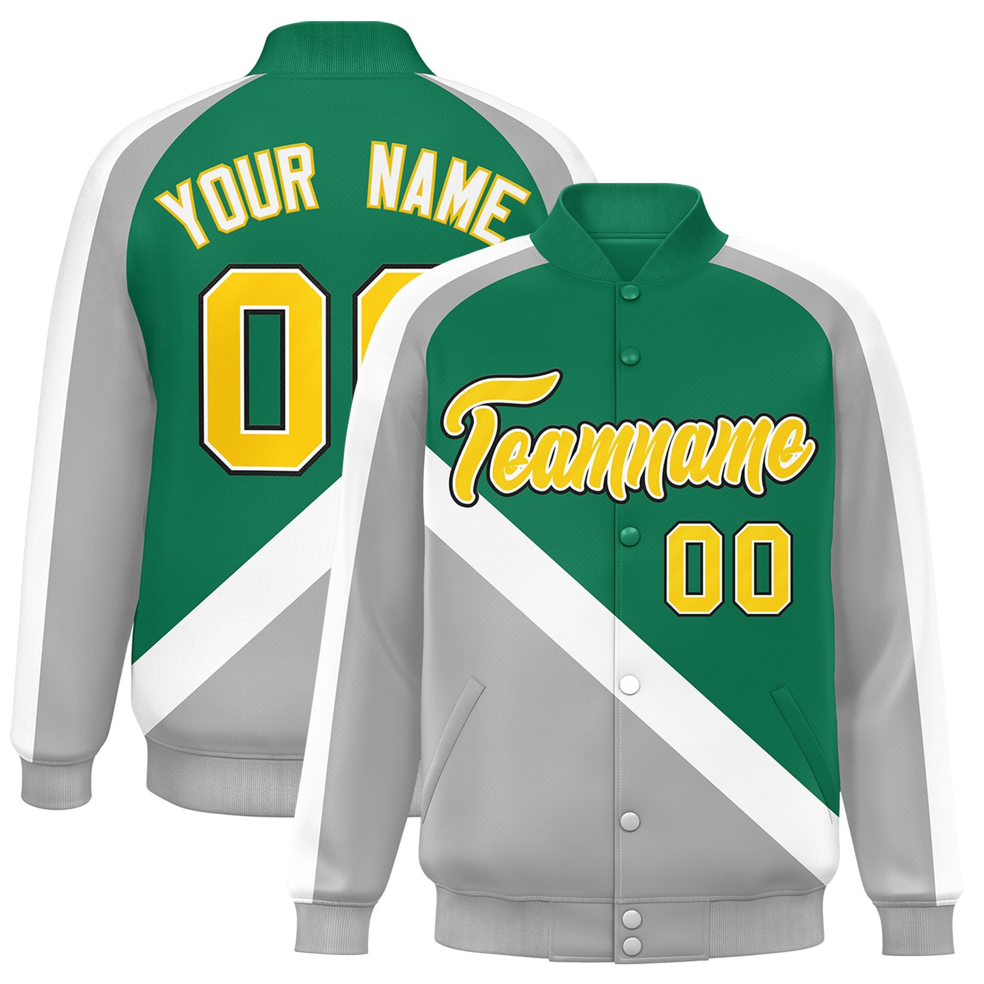 Custom Kelly Green Gray Raglan Sleeves Varsity Full-Snap Letterman Baseball Jacket