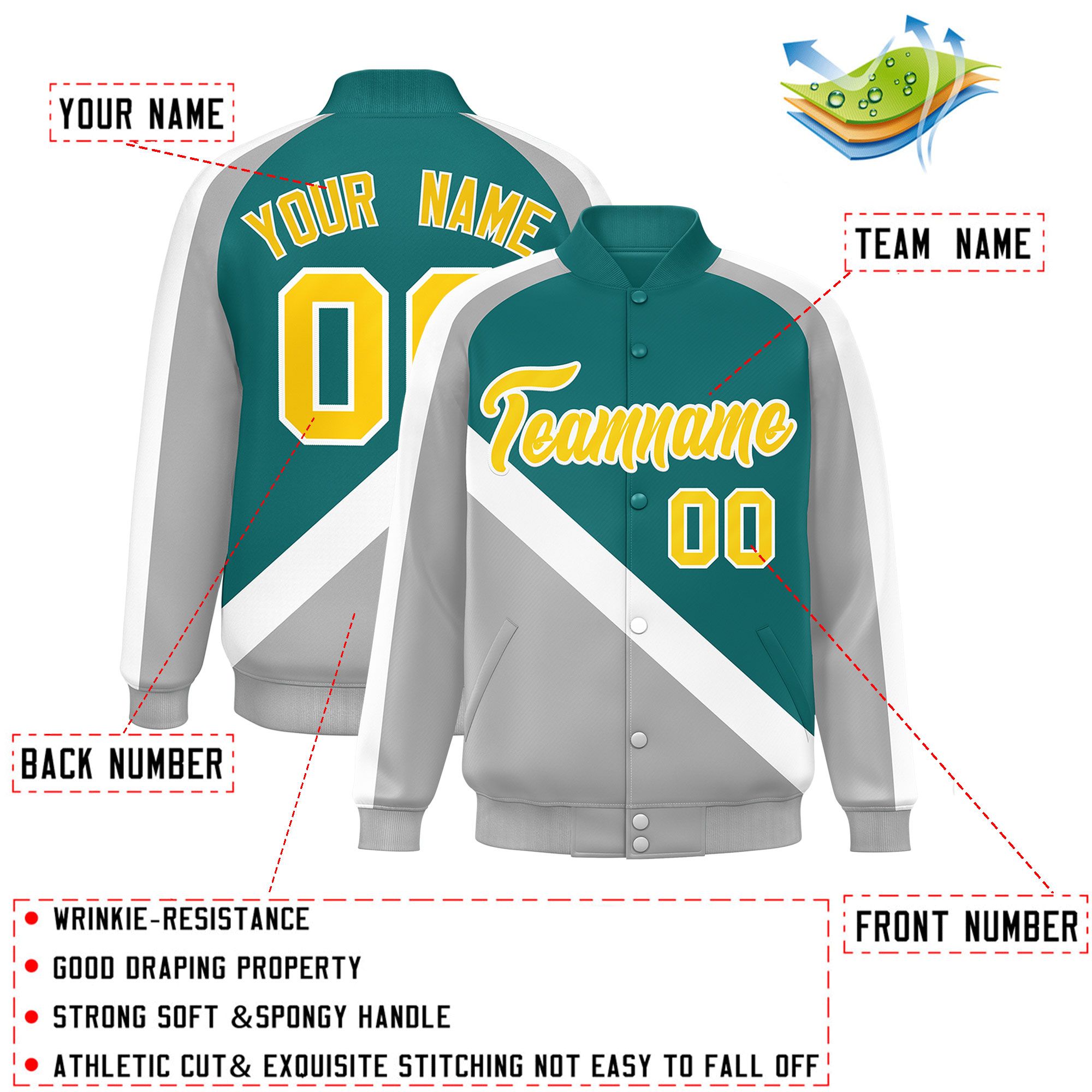 Custom Aqua Gray Raglan Sleeves Varsity Full-Snap Letterman Baseball Jacket