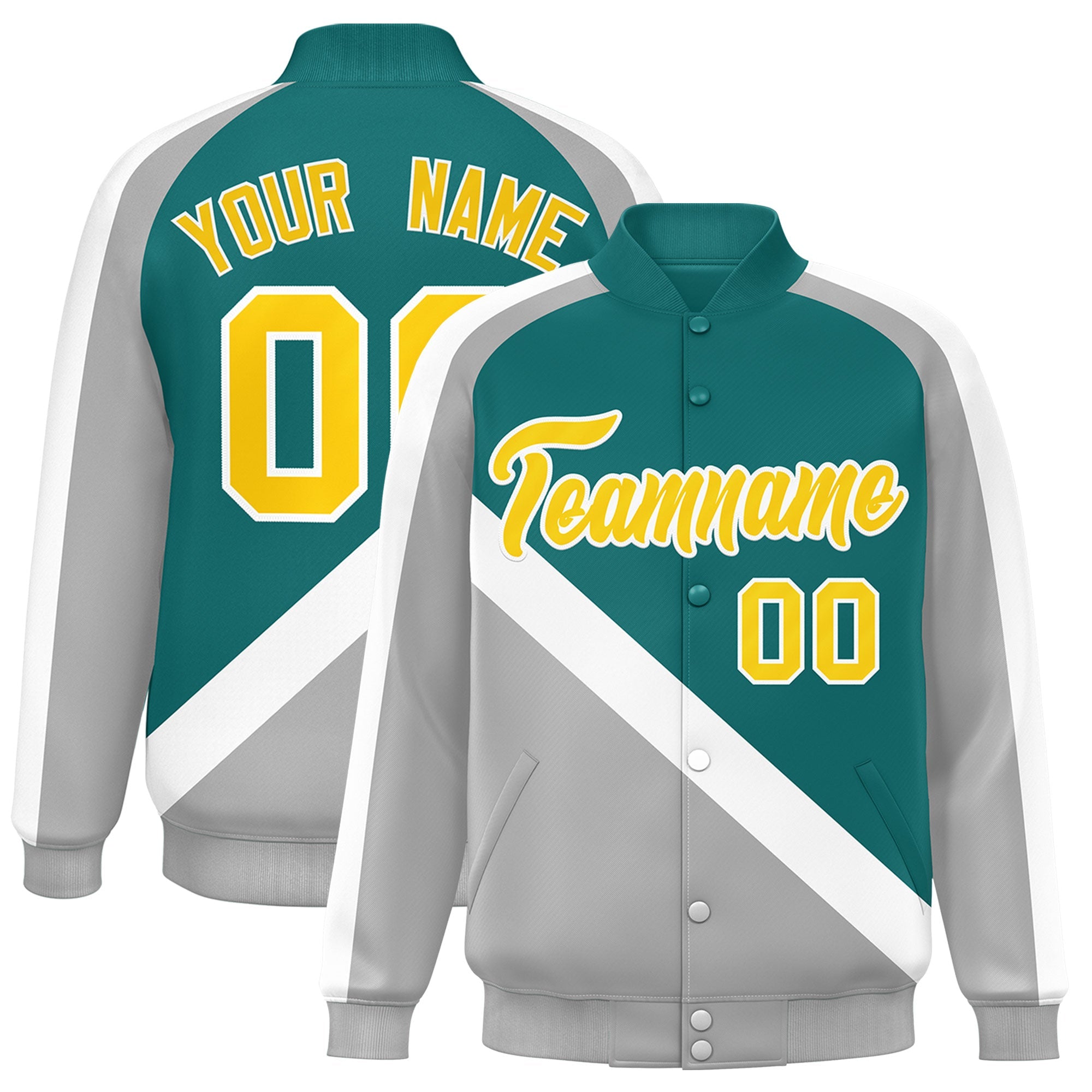 Custom Aqua Gray Raglan Sleeves Varsity Full-Snap Letterman Baseball Jacket