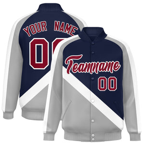 Custom Navy Gray Raglan Sleeves Varsity Full-Snap Letterman Baseball Jacket