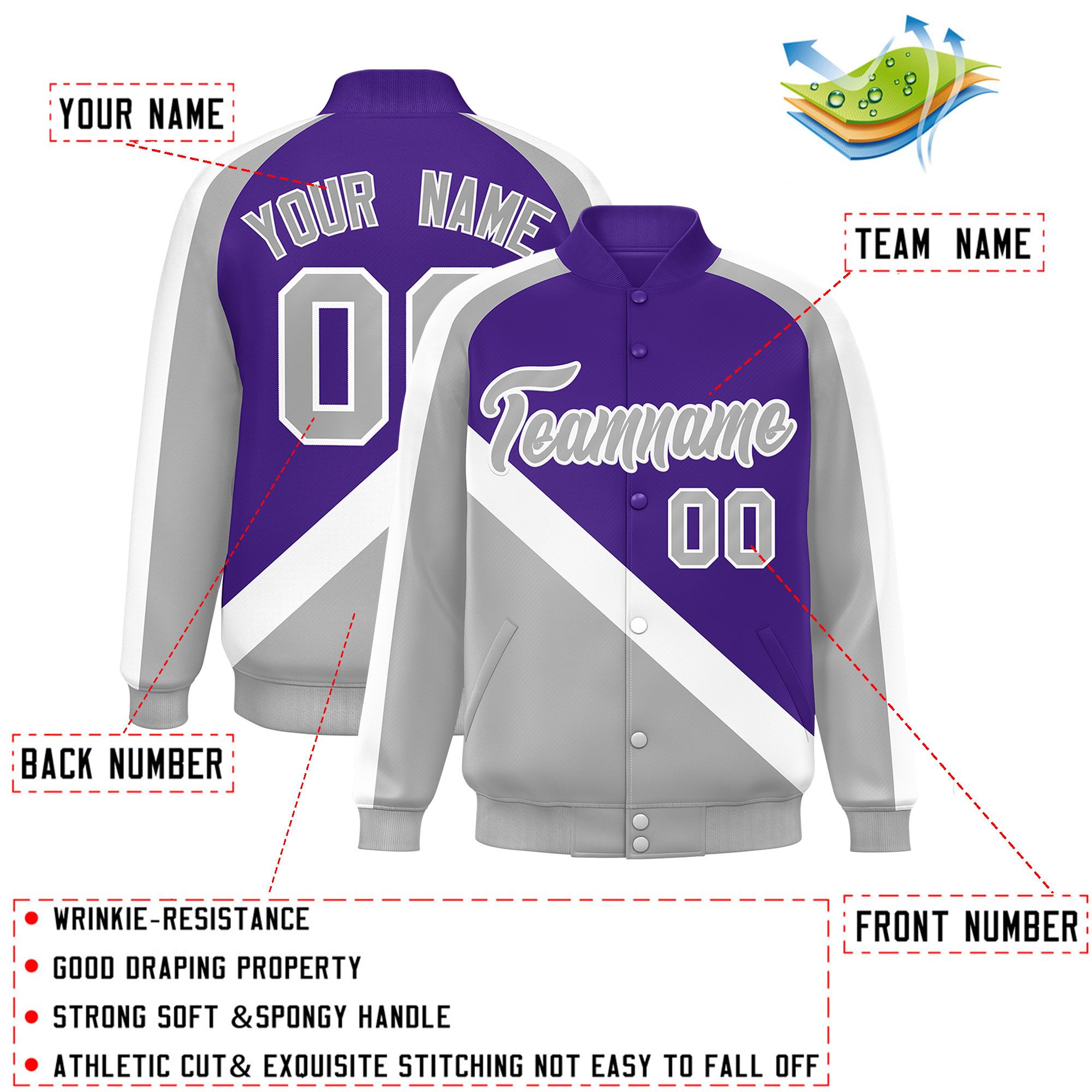 Custom Purple Gray Raglan Sleeves Varsity Full-Snap Letterman Baseball Jacket