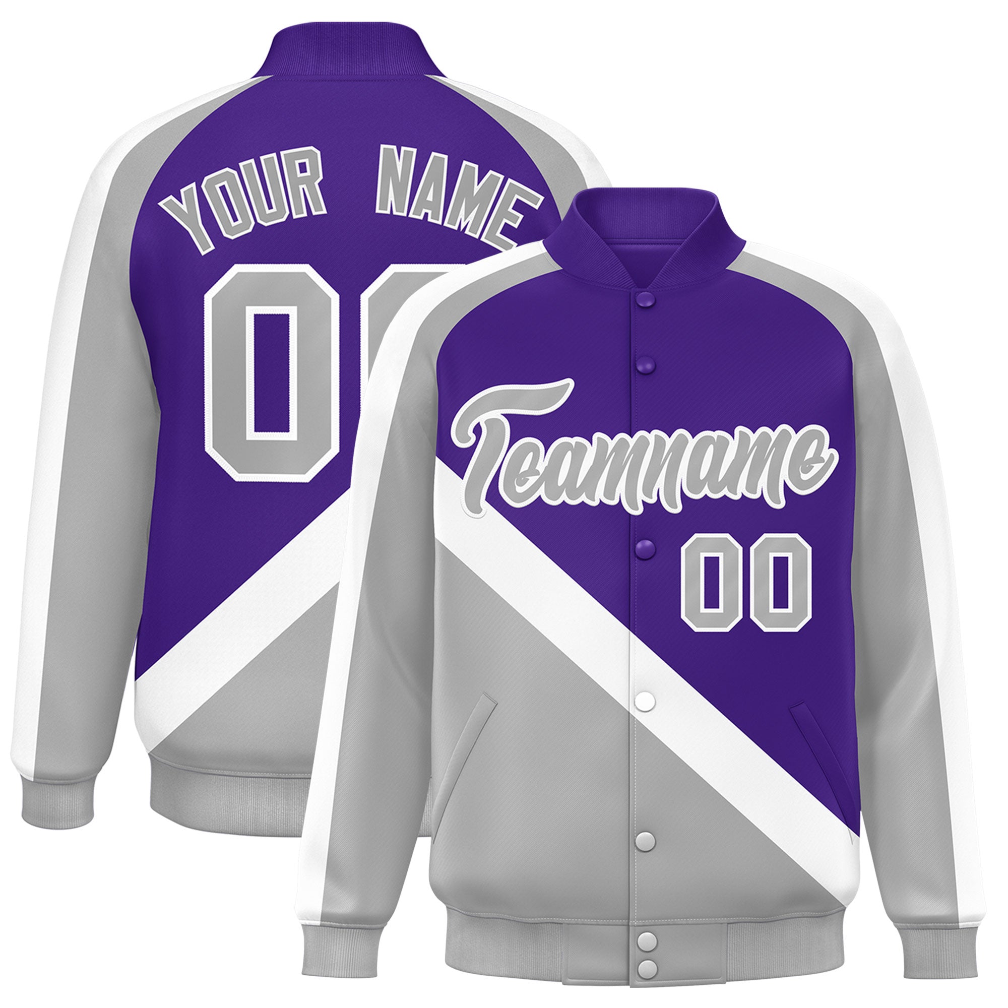 Custom Purple Gray Raglan Sleeves Varsity Full-Snap Letterman Baseball Jacket