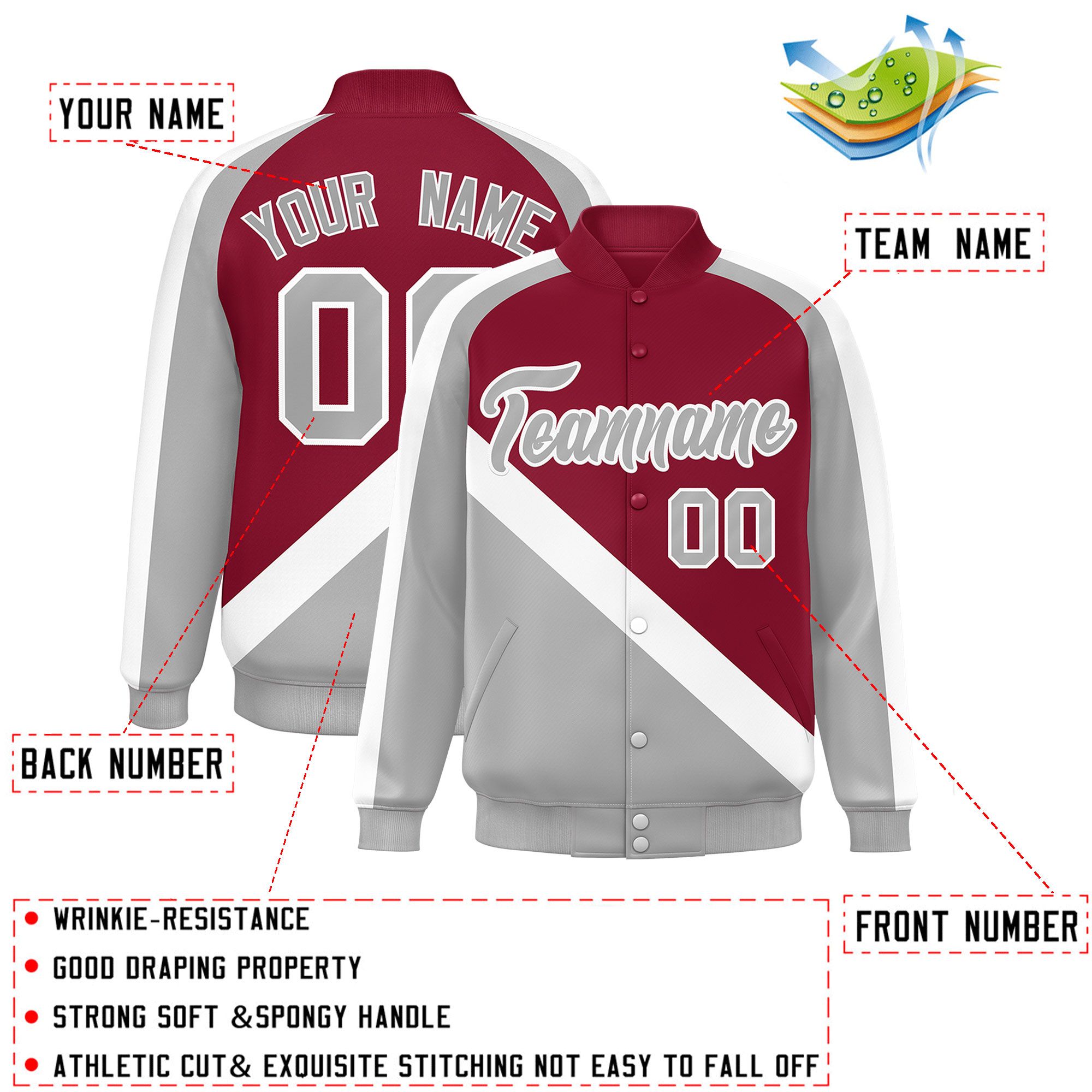 Custom Crimson Gray Raglan Sleeves Varsity Full-Snap Letterman Baseball Jacket