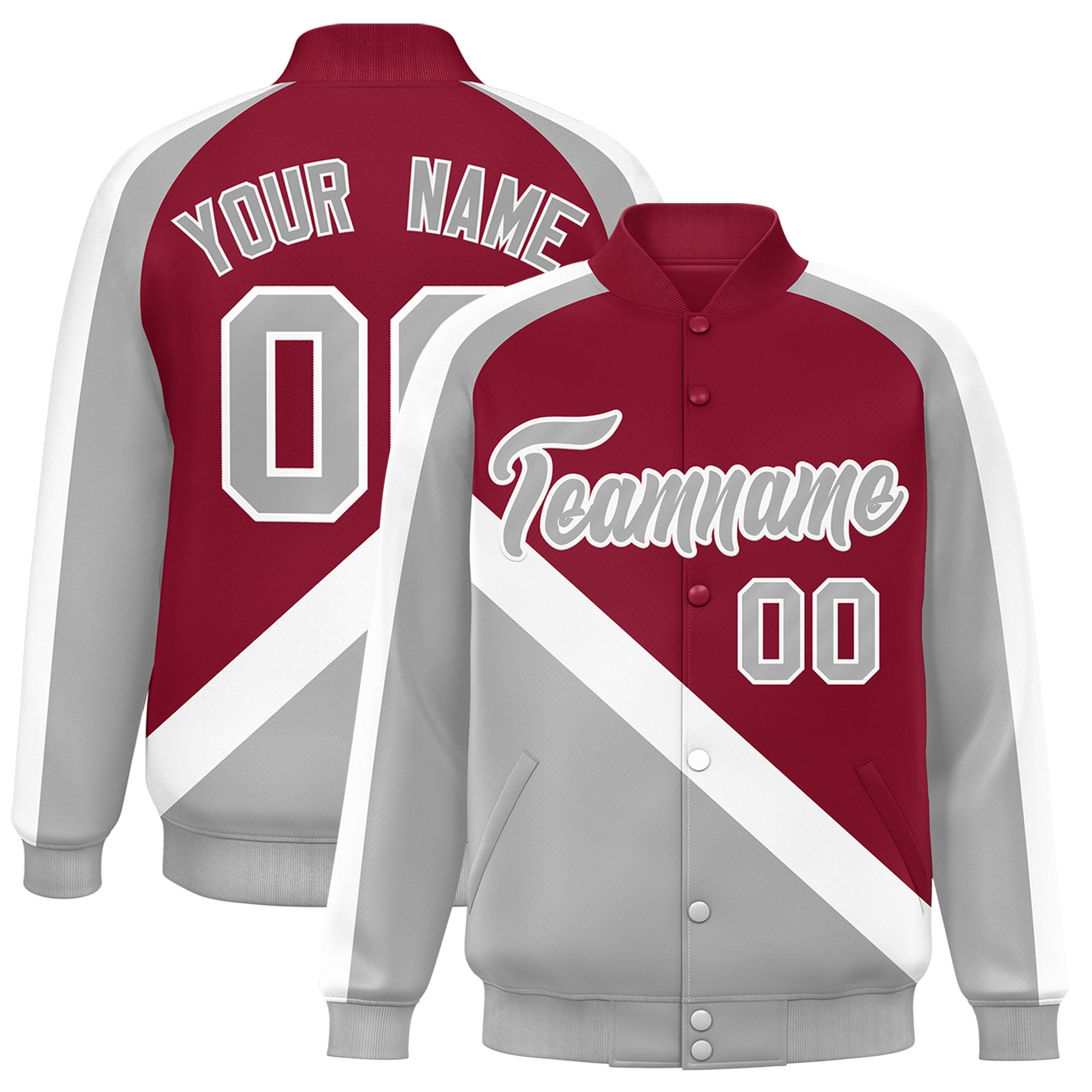 Custom Crimson Gray Raglan Sleeves Varsity Full-Snap Letterman Baseball Jacket