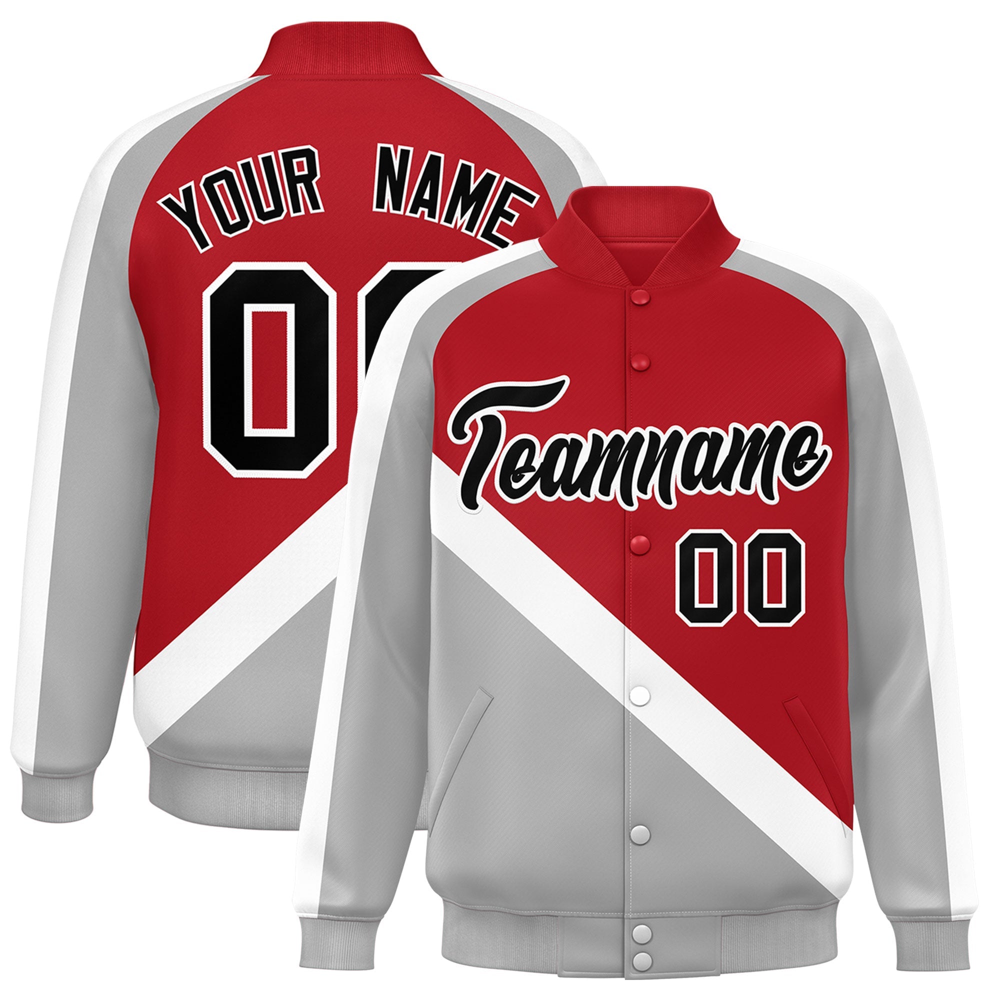 Custom Red Gray Raglan Sleeves Varsity Full-Snap Letterman Baseball Jacket