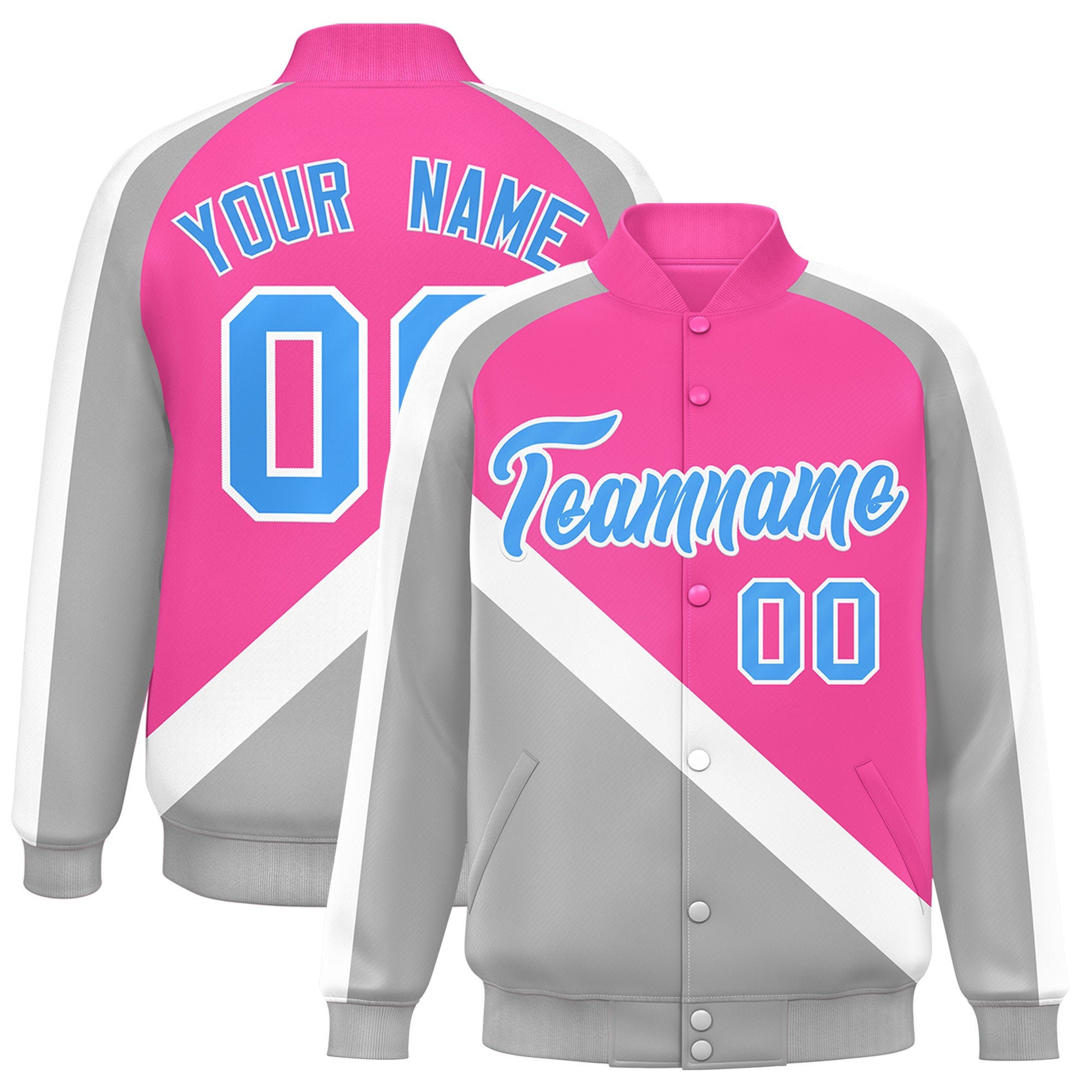 Custom Pink Gray Raglan Sleeves Varsity Full-Snap Letterman Baseball Jacket