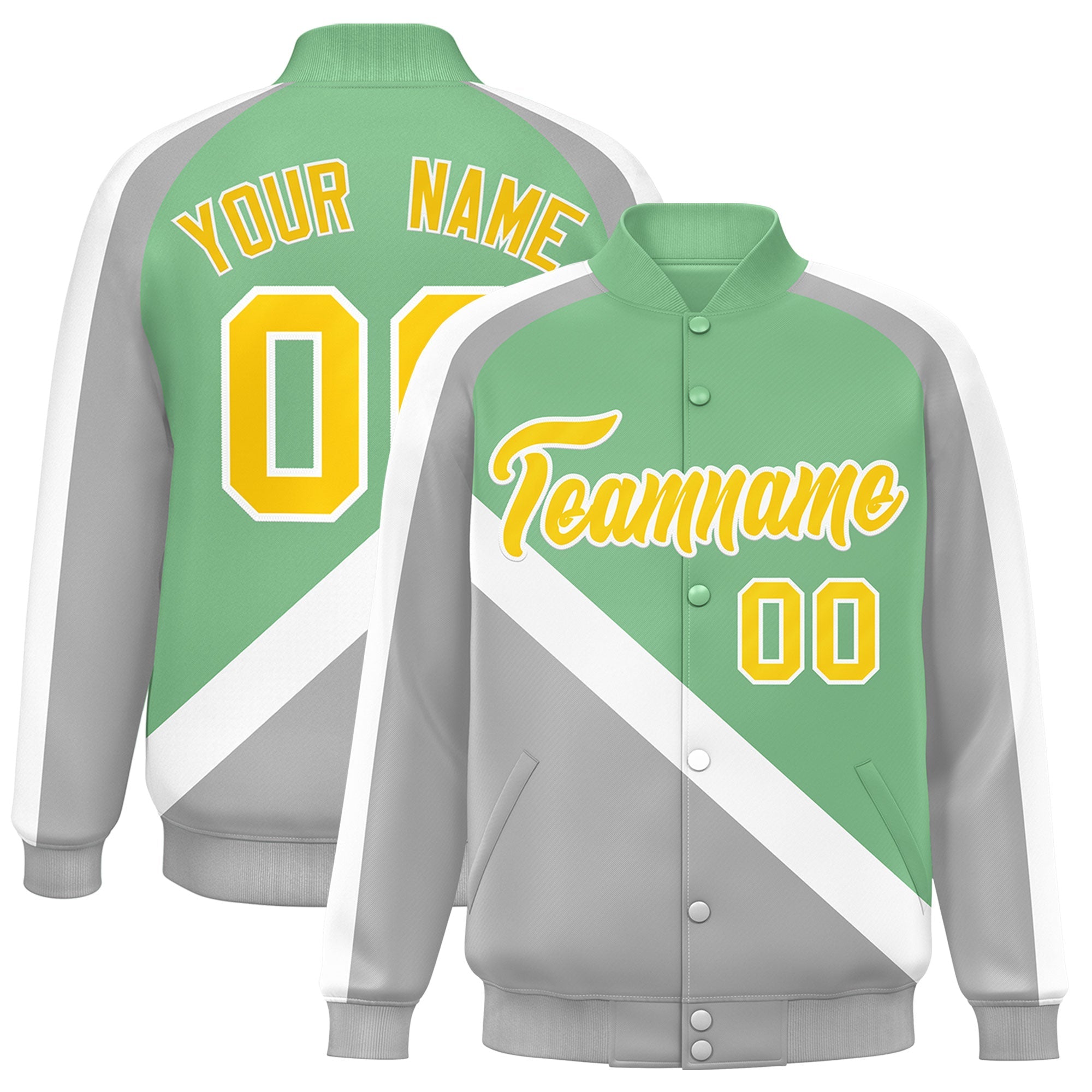 Custom Green Gray Raglan Sleeves Varsity Full-Snap Letterman Baseball Jacket